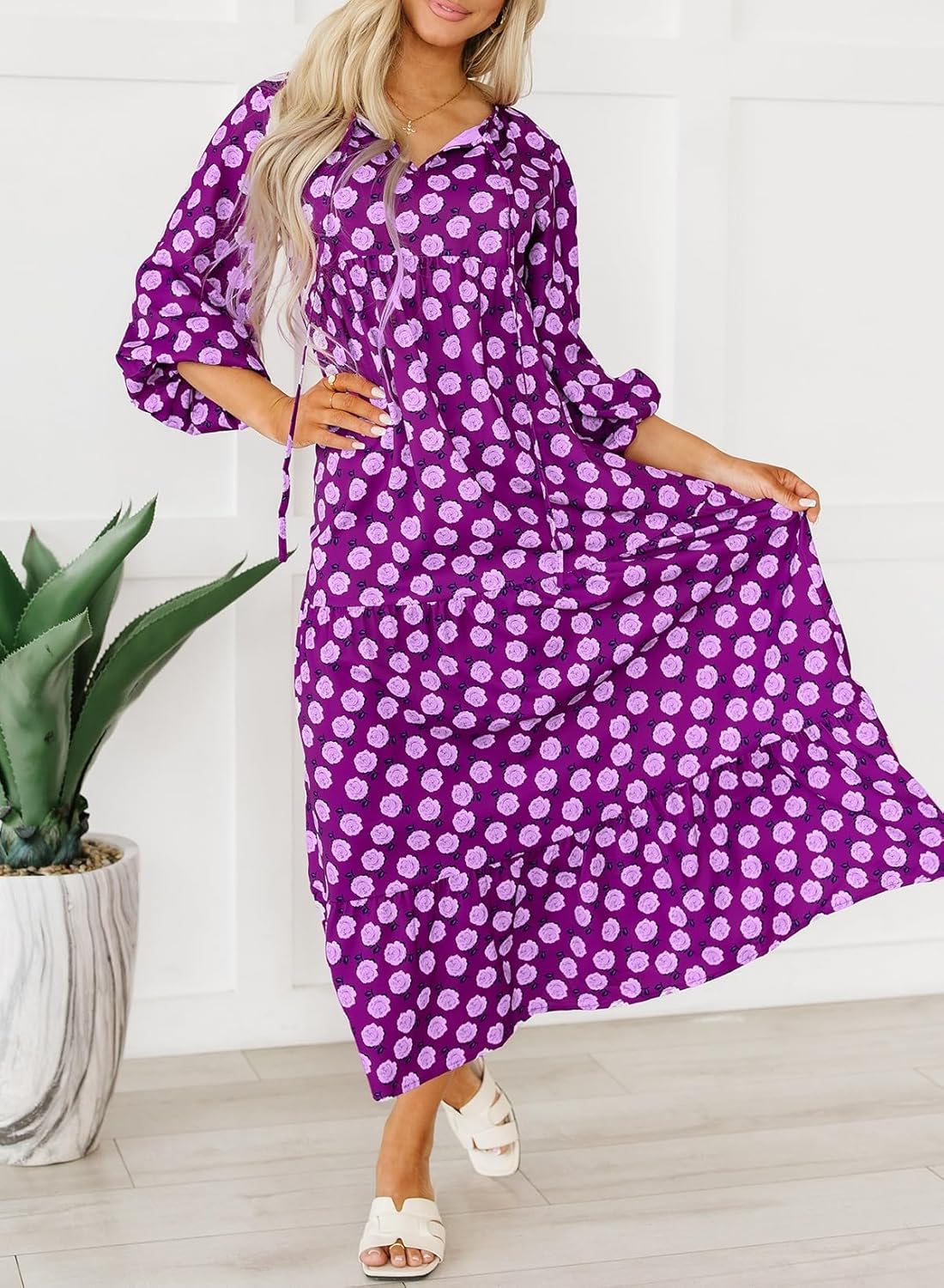 Dokotoo Women Boho Maxi Dresses 2026 V Neck Long Puff Sleeve Smocked Ruffle Flowy Casual Dress - Image 2