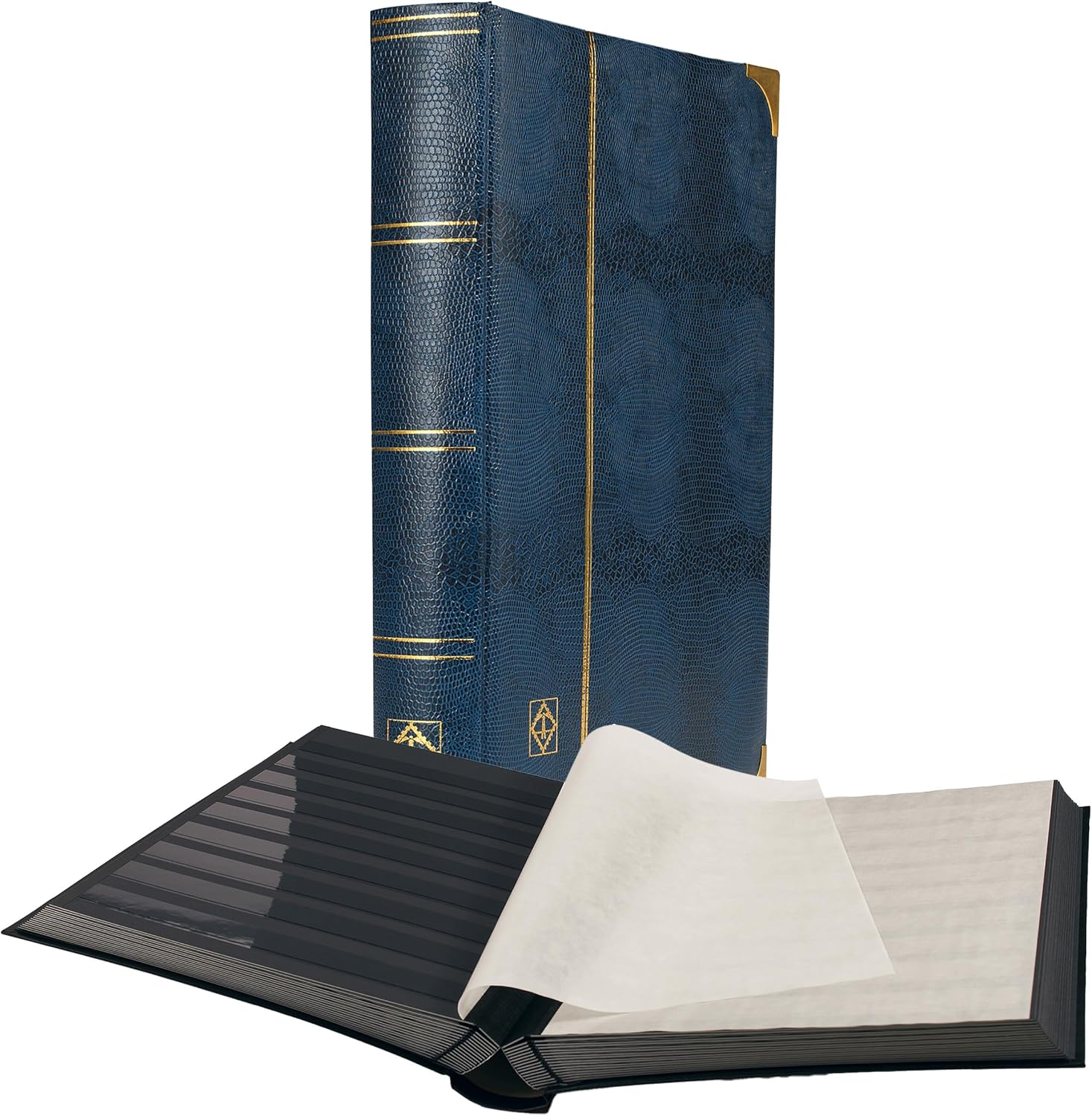 LIGHTHOUSE – “Comfort Deluxe” Stockbook for Stamps - Padded Alligator Leatherette Cover 64 Black Cardstock A4 Pages with 9 Strips, Glassine Interleaves, Metal Corners, and Double Linen Hinges - Blue