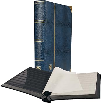 LIGHTHOUSE Comfort Deluxe Stockbook for Stamps - Padded Alligator Leatherette Cover 64 Black Cardstock A4 Pages with 9 Strips, Glassine Interleaves, Metal Corners, and Double Linen Hinges - Blue