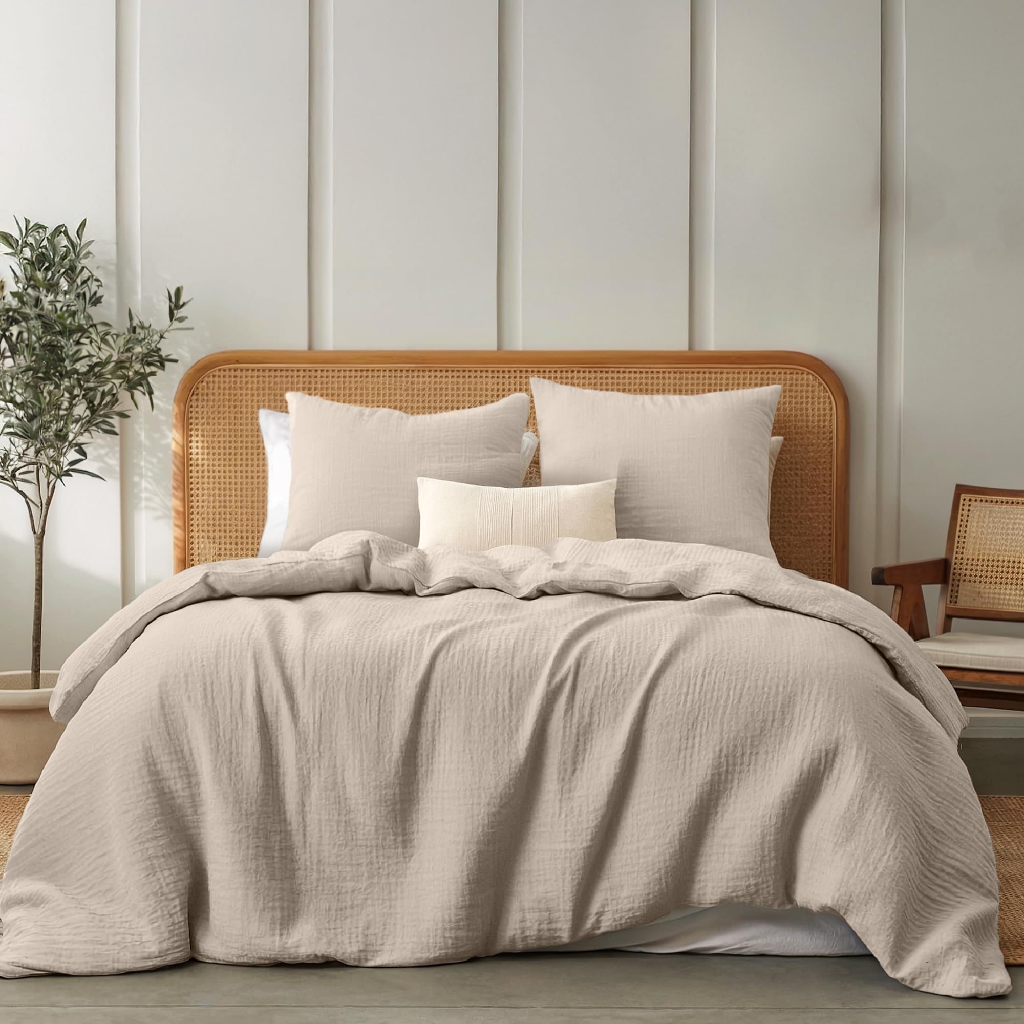 Dreamzie Musselin Bettwäsche 220x240 cm aus 100% Baumwolle – Bettwäsche Set mit 1 Bettbezug und 2 Kissenbezügen 80x80 cm – Oeko-Tex Bettwäsche mit Reißverschluss – Taupe