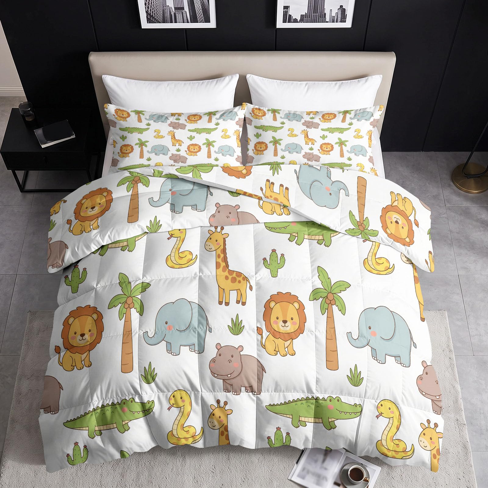 Lindo edredón de la selva para las 4 estaciones, 200 x 200 cm, suave y lavable, transpirable, edredón sin funda con dibujos animados de animales del bosque, león, elefante, reversible, crema de verano