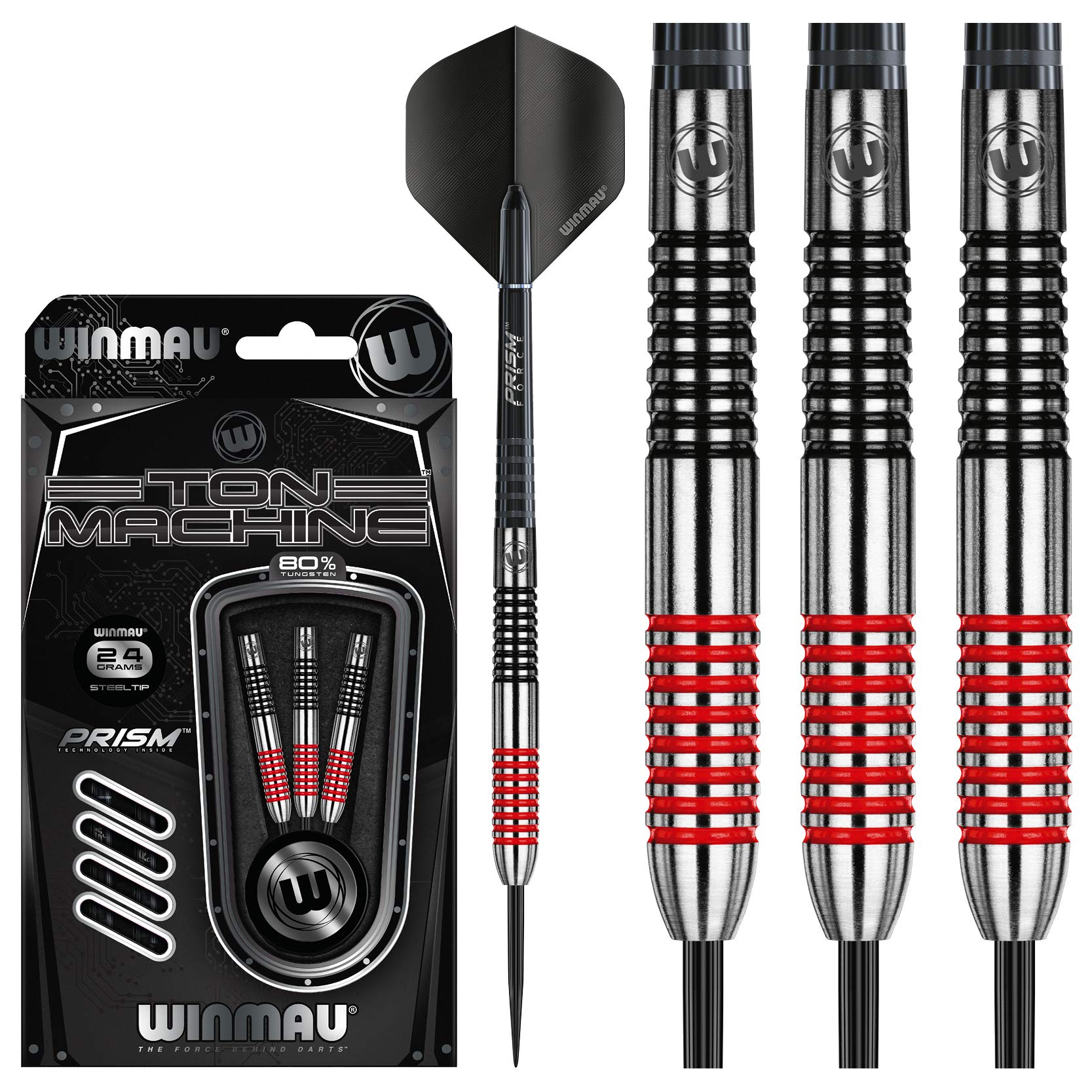 WINMAU Darts Ton Machine Professional Tungsten Darts Set with Prism Flights and Shafts (Stems) 22g | 23g | 24g | 26g | 27g Gram Steeltip Dart Set (Red, 24g)