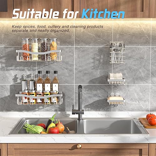 Miniatura 6 de Organizador adhesivo para ducha, organizador de baño sin perforaciones, 5 unidades, estantes inoxidables con soporte para jabón y soporte para