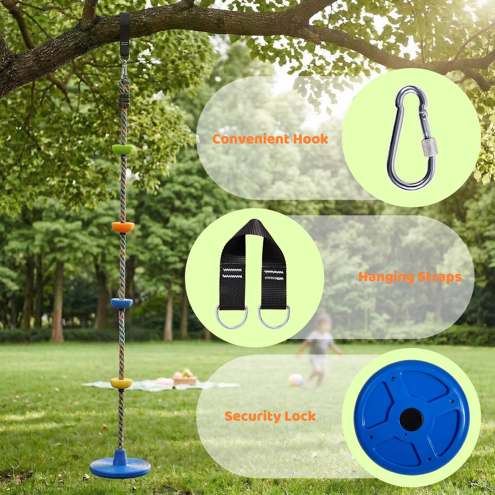 Vdealen Kletterseilschaukel, Kinderschaukel für den Außenbereich, mit Frisbee-Sitz, geeignet für Garten und Hof, Längenverstellbar, farbenfrohe Ausführung, 1,9 Meter lang (Blau)