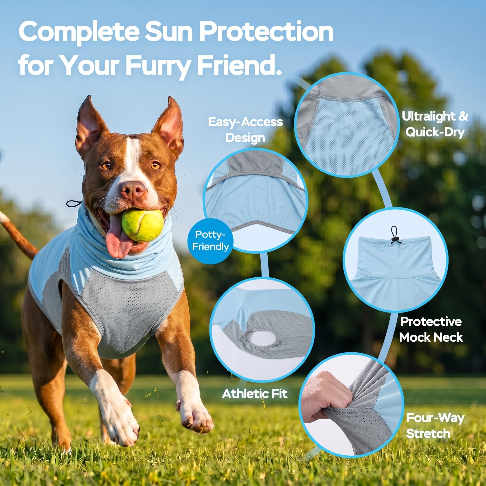 LovinPet Chemise solaire UPF 150+ pour chien, sans manches, col haut, protection UV, vêtements pour grandes races, gilet d'extérieur léger à séchage rapide avec panneau ventral respirant, bleu clair