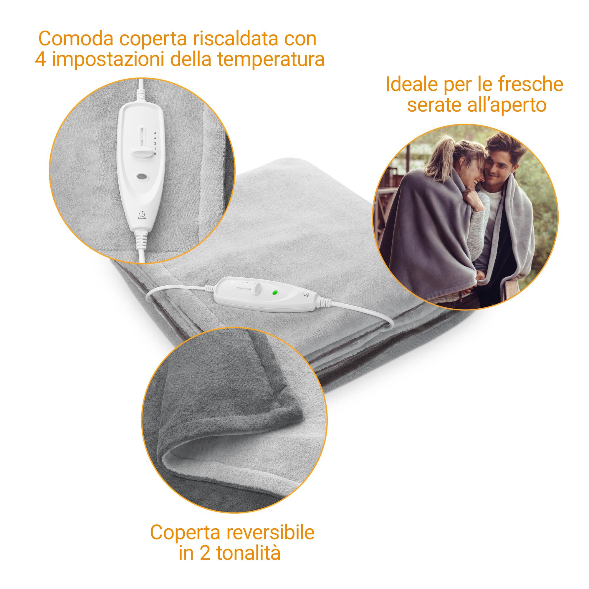 medisana HDW coperta elettrica calda, lavabile, coperta coccolosa con spegnimento automatico, 4 livelli di temperatura, 180 x 130 cm, design reversibile a 2 colori, grigio/grigio scuro