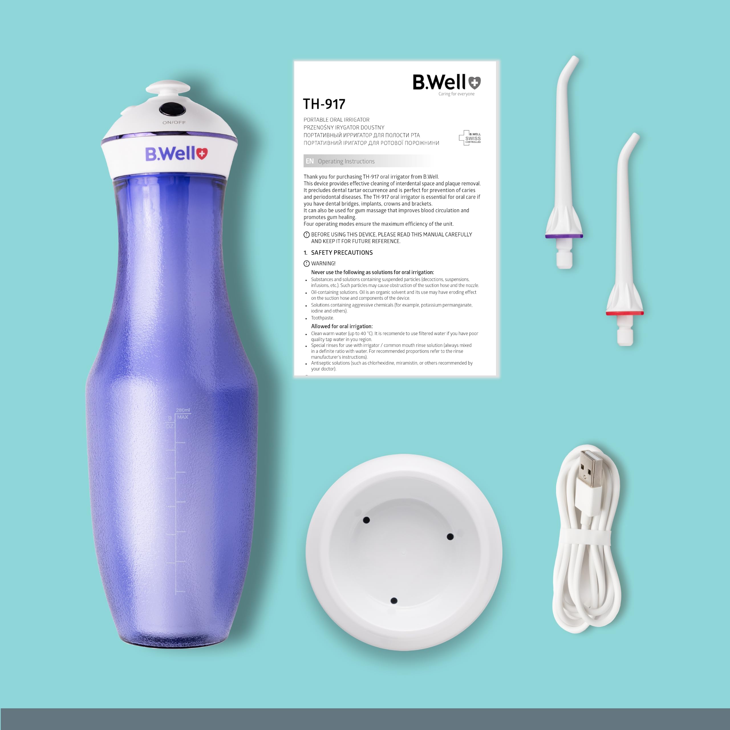 B.Well Suiza TH-917 - Irrigador bucal portátil e inalámbrico (4 modos de funcionamiento, incluye modo individual, depósito de agua de 280 ml, 2 boquillas con rotación de 360°, carga por inducción y