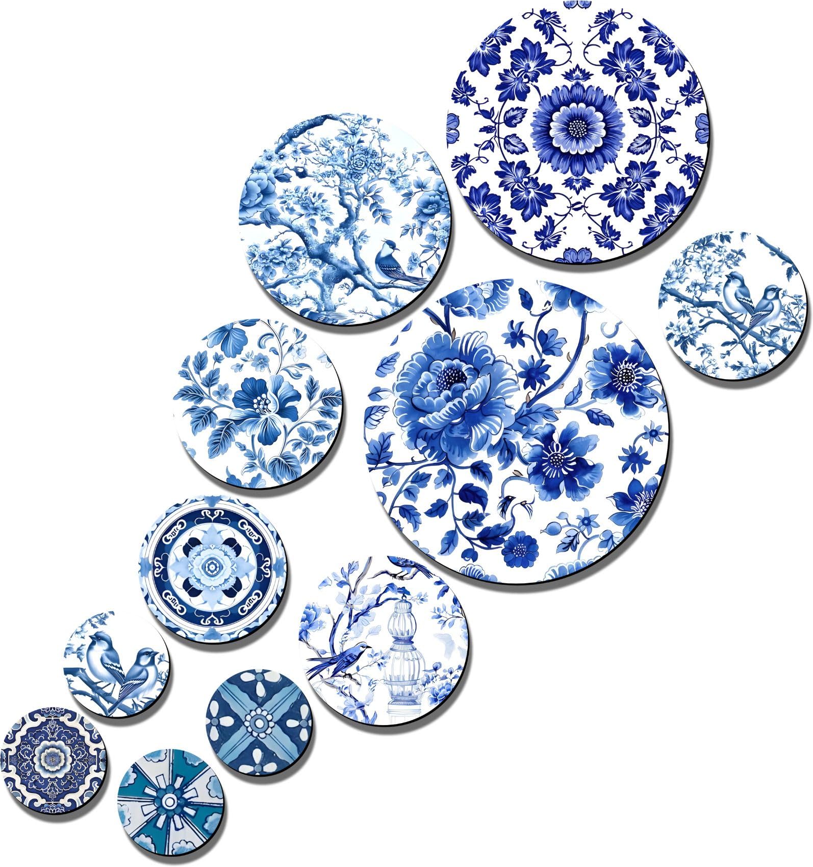 Karni Art -Blue Floral Wall Art Set of 11 – Round Wooden MDF Decorative Plates with White & Blue Vintage Prints | Traditional Wall Décor for Living Room, Bedroom, Dining Area & Office-image-18