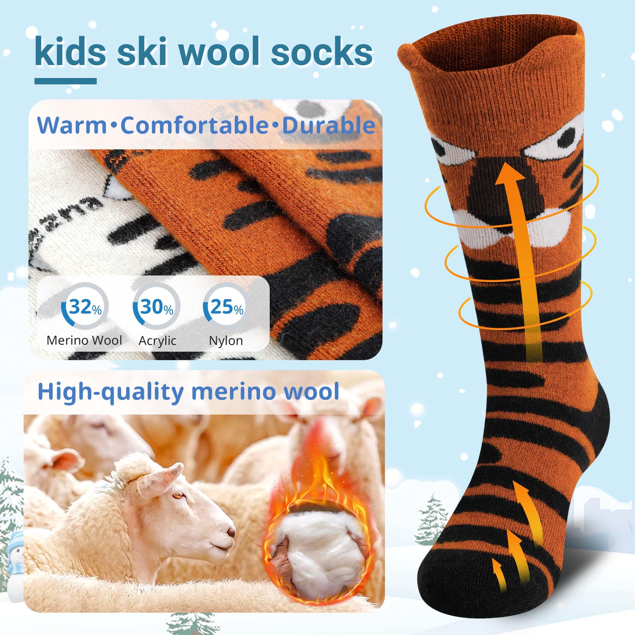 Muezna 2 pares de calcetines de esquí para niños de lana merino, calcetines térmicos de invierno para niños y niñas, calcetines deportivos hasta la rodilla, cálidos, gruesos, calcetines de esquí (OTC)
