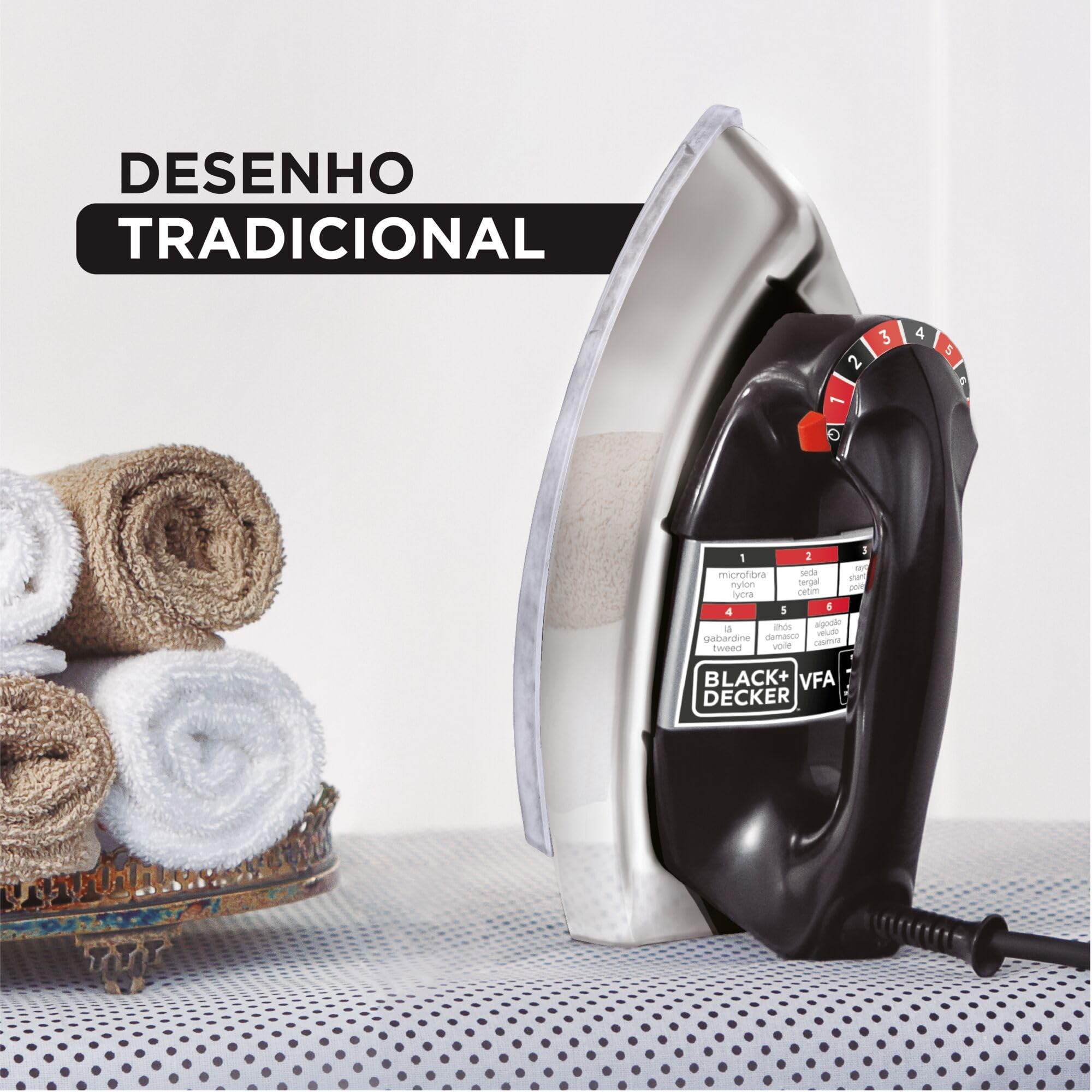 BLACK+DECKER Ferro de Passar Roupa a Seco, Metálico Preto, Modelo