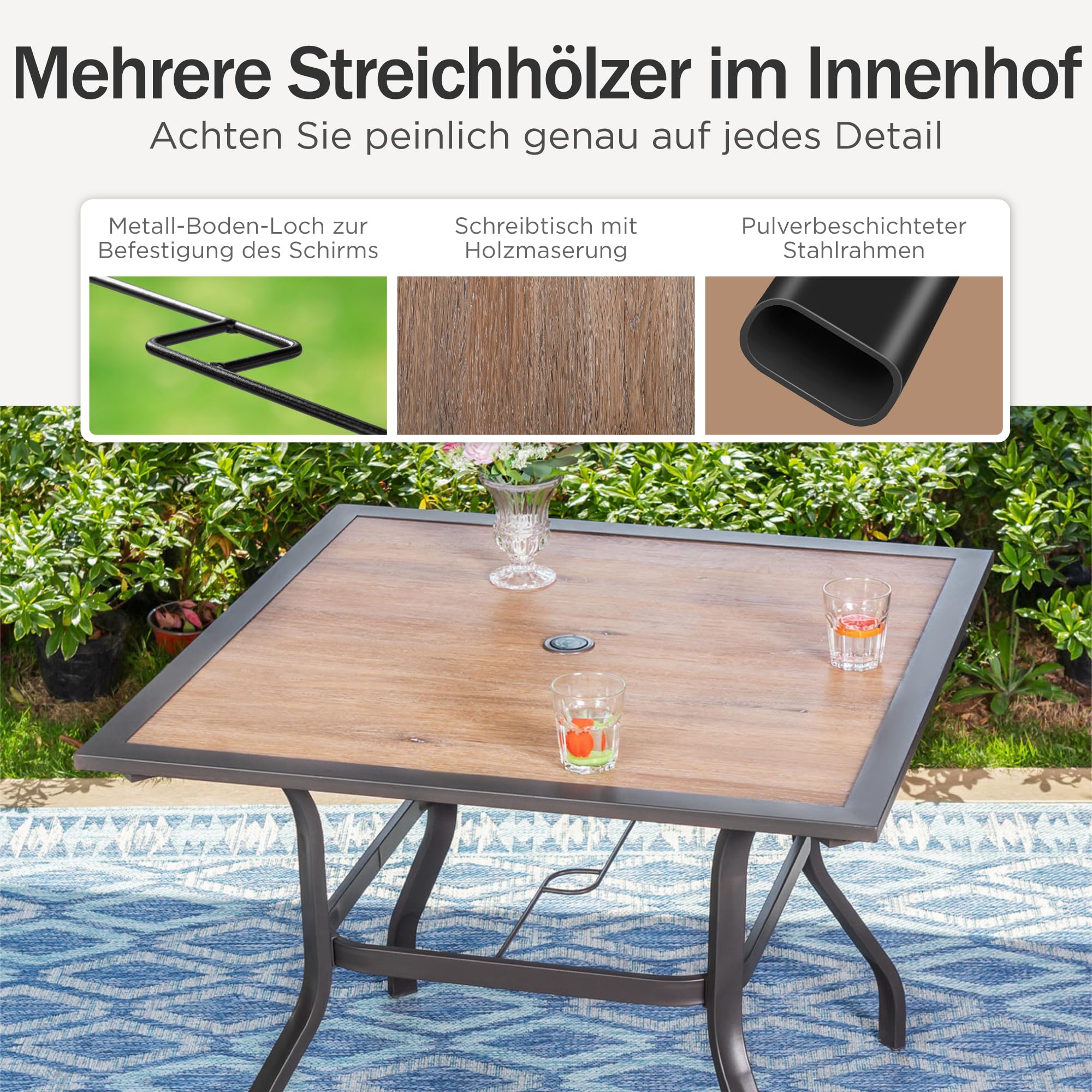 PHI VILLA Gartentisch Wetterfest Outdoor Garten Tisch Terrassentisch Balkontisch E-Beschichtung Metall 94×94×71cm Holzähnlicher Quadratische Braun