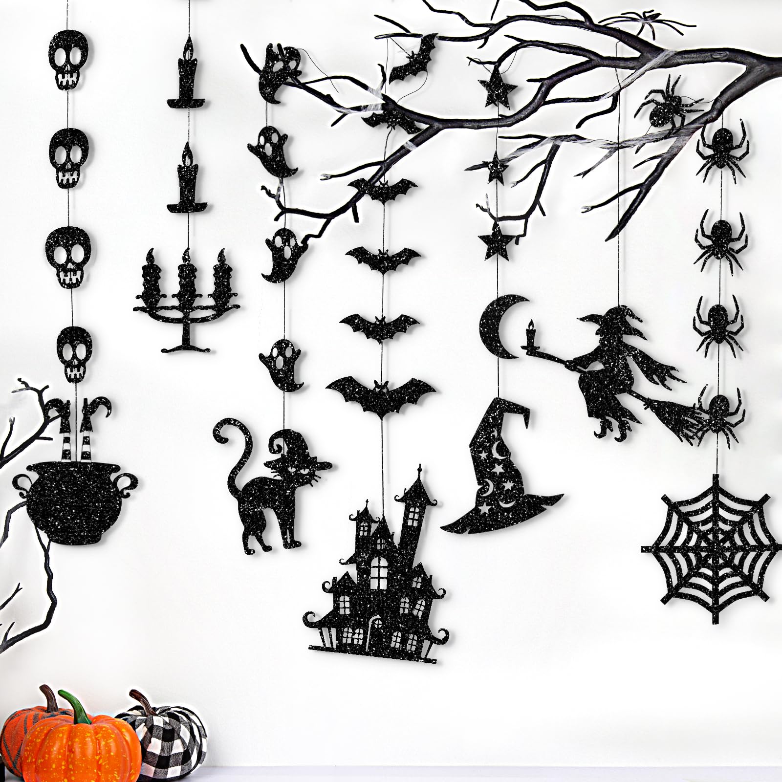 Glitzernde schwarze Halloween-Girlande zum Aufhängen – Geister, Hexen, Fledermäuse, Spinnen, Spukhaus, Katze und mehr – Partyzubehör für den Innen- und Außenbereich für Gothic-Geburtstag, Zuhause,