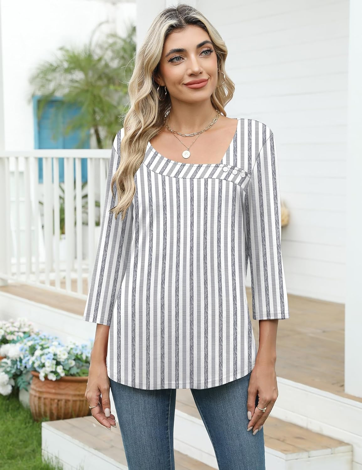 LOMON Womens 3/4 Length Sleeve T Shirts Asymmetrical Neck Tops Business Blouses for Women Fashion 2026 - Image 2