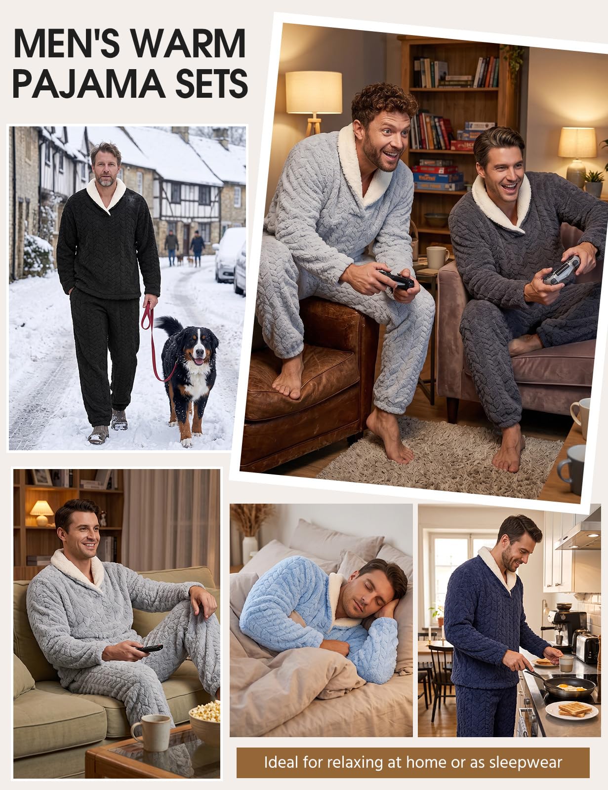 Lonya Schlafanzug Herren Lang Flauschig Winter 2 Stück Pyjama Set
