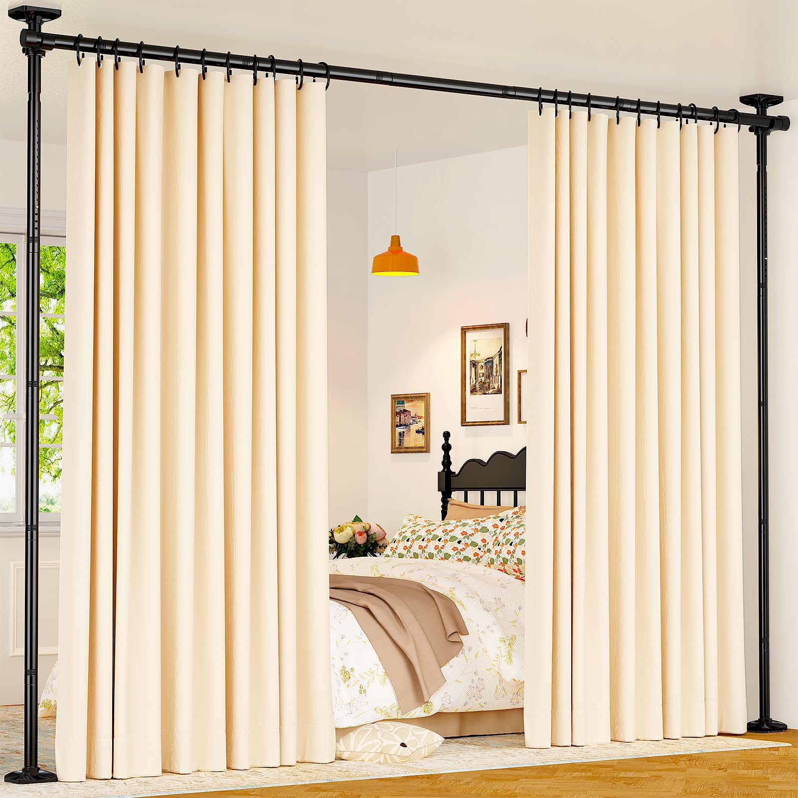 Goovilla Room Divider for Room Separation, Tension Curtain Rods No Drilling, 4-10ft(H) 28-70inch(W) Adjustable Temporary Privacy Wall Divider, Heavy Duty Freestanding Space Partition Separator, Black