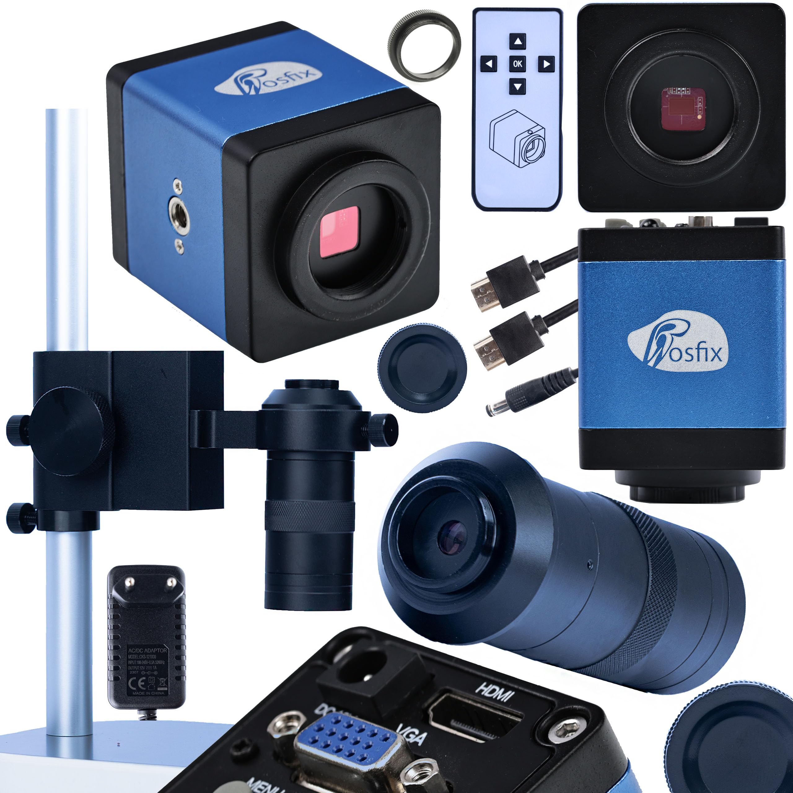 Rosfix Draco Blue PRO 3 w 1 - profesjonalny mikroskop cyfrowy | kamera HDMI i VGA | powiększenie 100x | platforma aluminiowa | idealny do przemysłu, elektroniki i badań