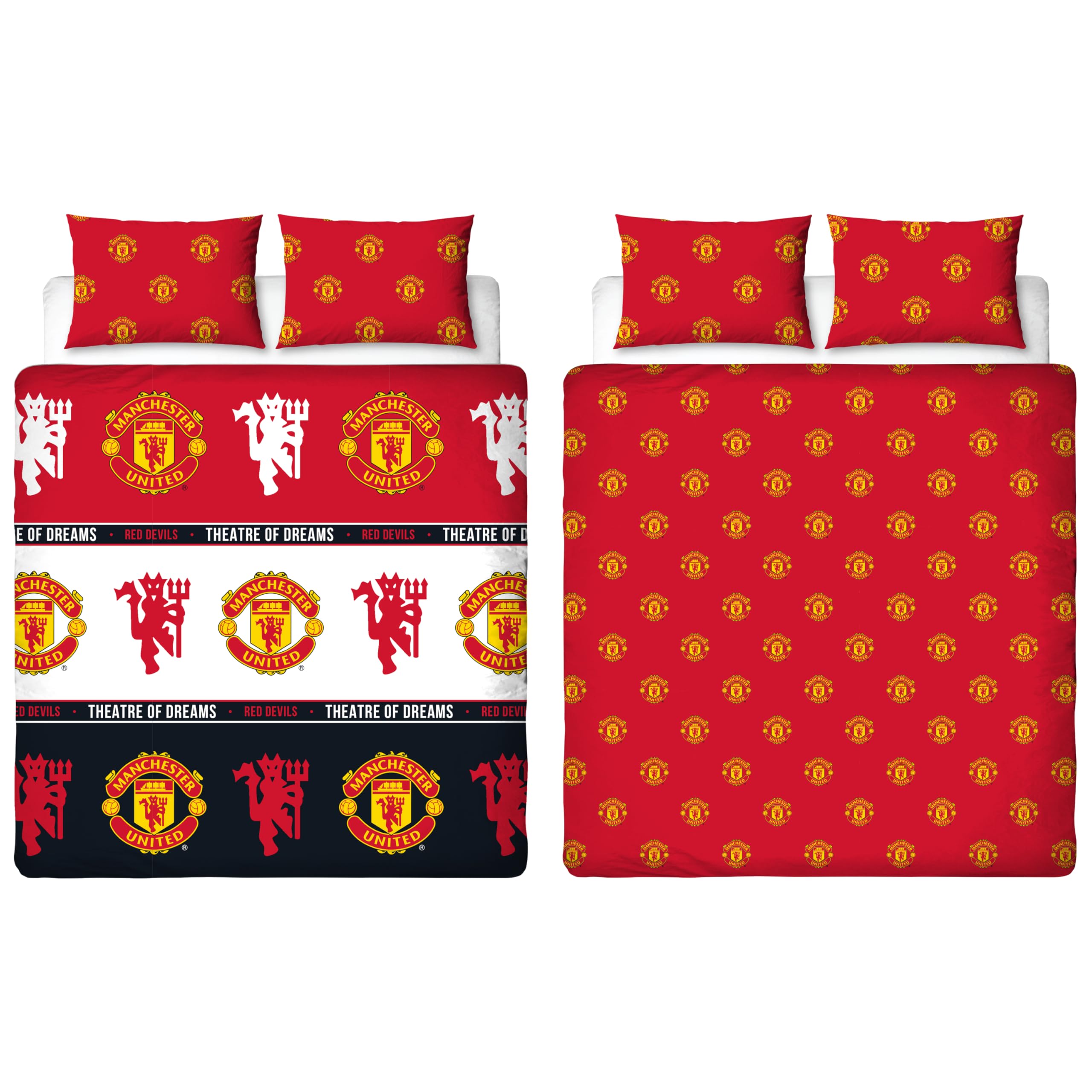 MANCHESTER UNITED FC Official Double Duvet Cover Set, Patch Design, Red Reversible 2 Sided Football Bedding Cover Official Merchandise Including Matching Pillow Cases