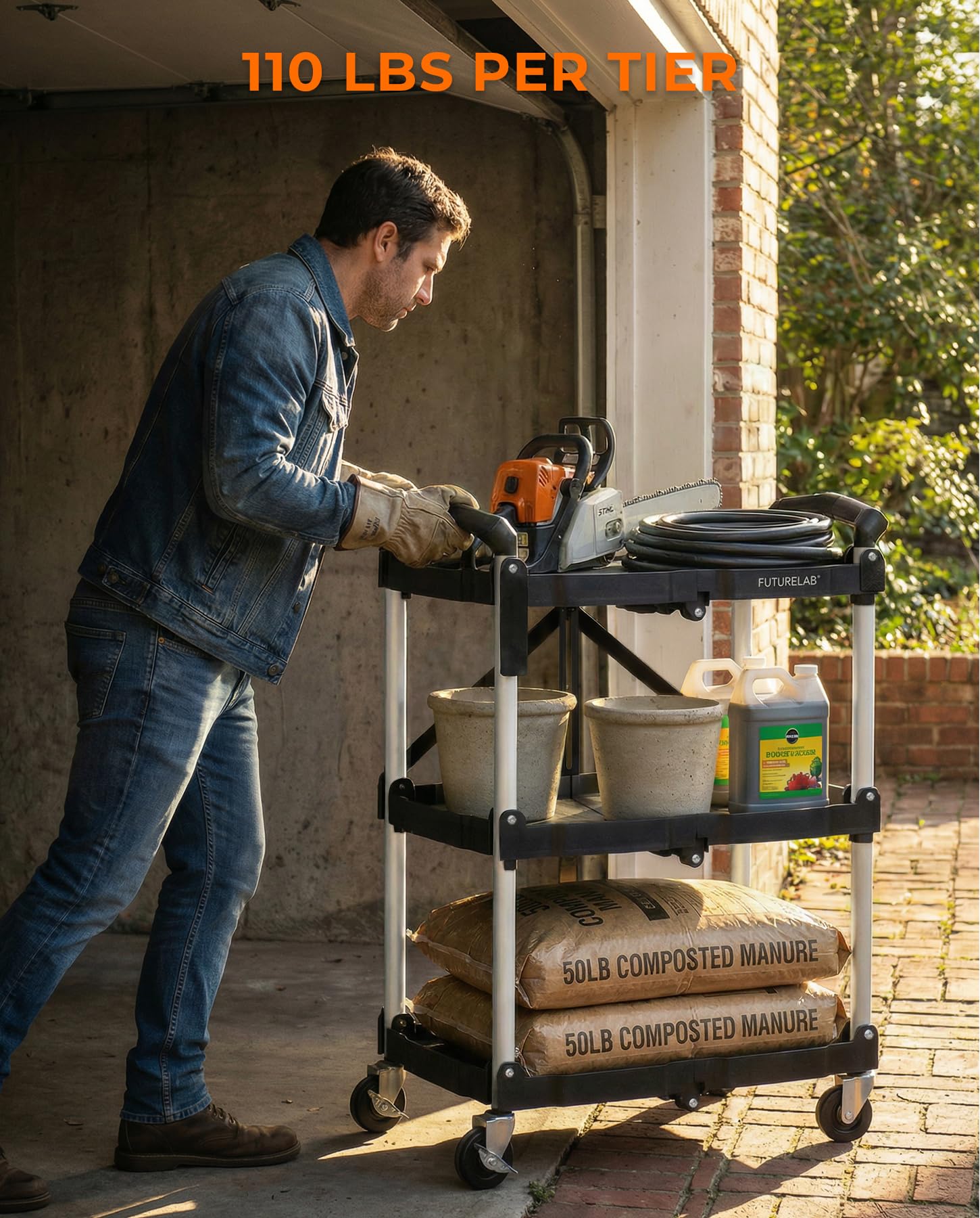 FUTURELAB Carrito de servicio plegable portátil, 3 niveles, capacidad de 330 libras, carrito plegable con ruedas para almacén, hogar, talleres, garajes, restaurantes, oficinas