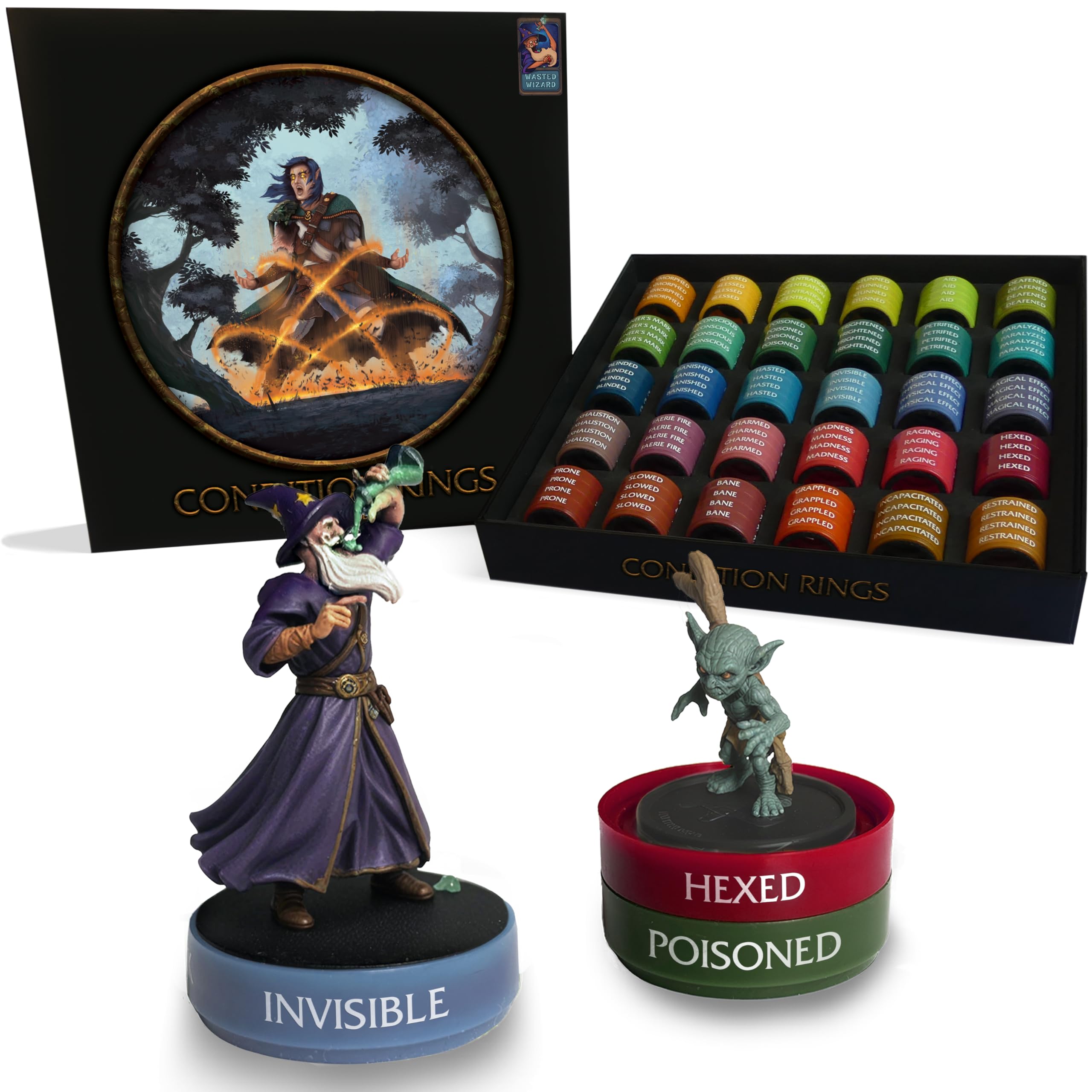 WASTED WIZARD Stackable DND Condition Rings. 120 Pieces Divided by 30 Different statuses and Spells. These D&D Accessories are Compatible with Pathfinder and Dungeons and Dragons Miniatures.