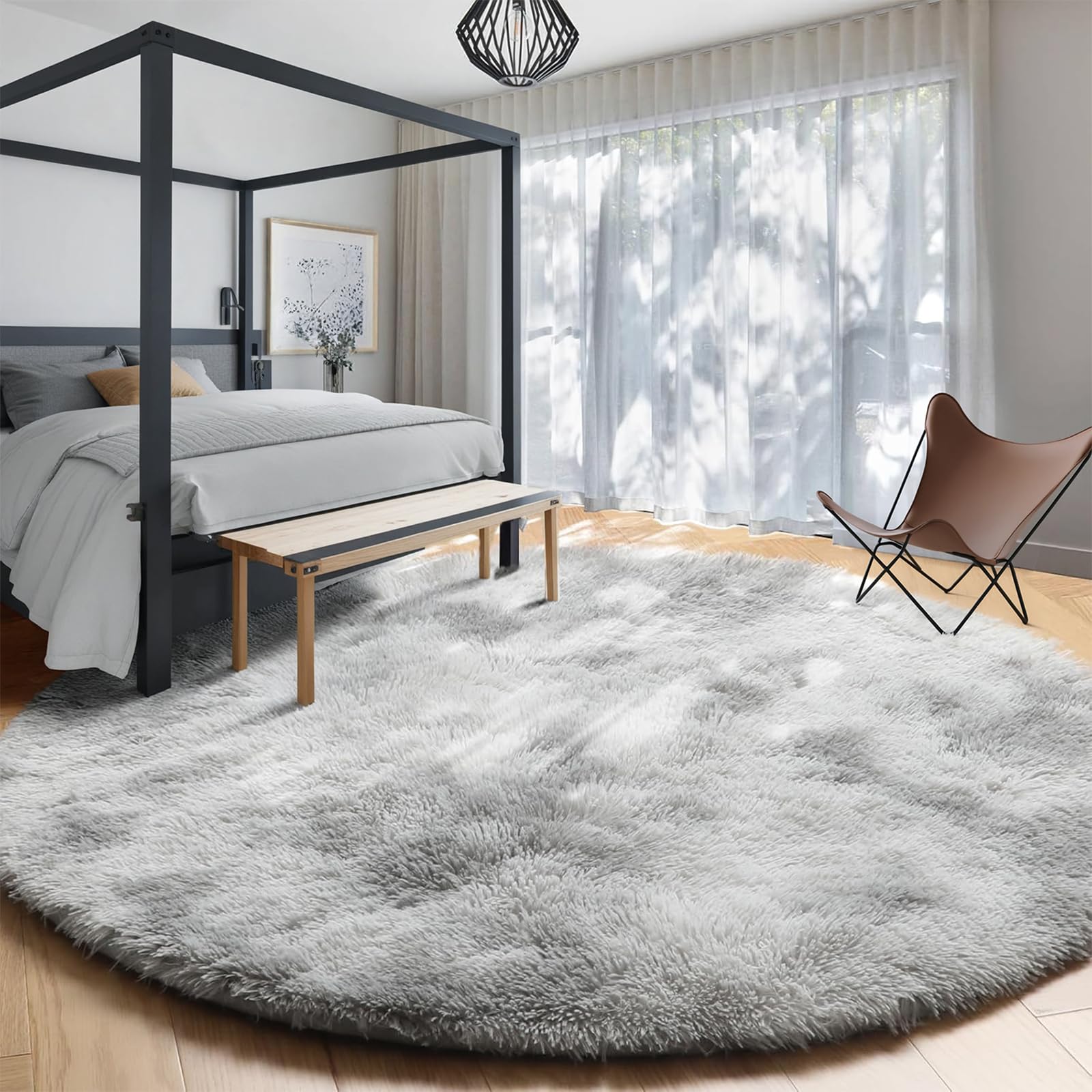 RUGIXE 5 White and Grey Washable and Foldable, Girls' Bedroom, Fluffy Circular Area Rug, Living Room, Nursery, Dormitory, Classroom, Teenagers