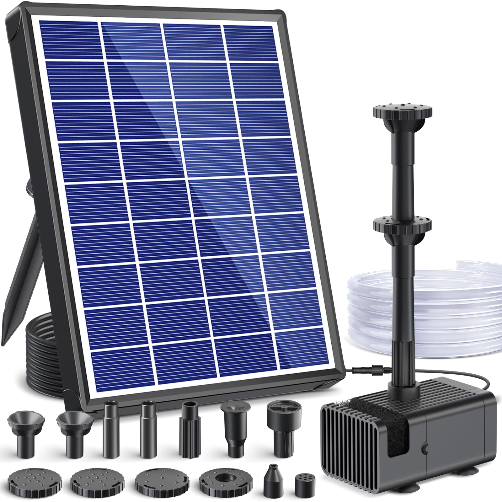 POPOSOAP Solar Springbrunnen für Außen, 6,5W Teichpumpe Solar mit verbessertem Trockenlaufschutz und doppellagigen Düsen, 1,5 m Schlauch für Teich, Vogelbad, Gartenwasserspiel