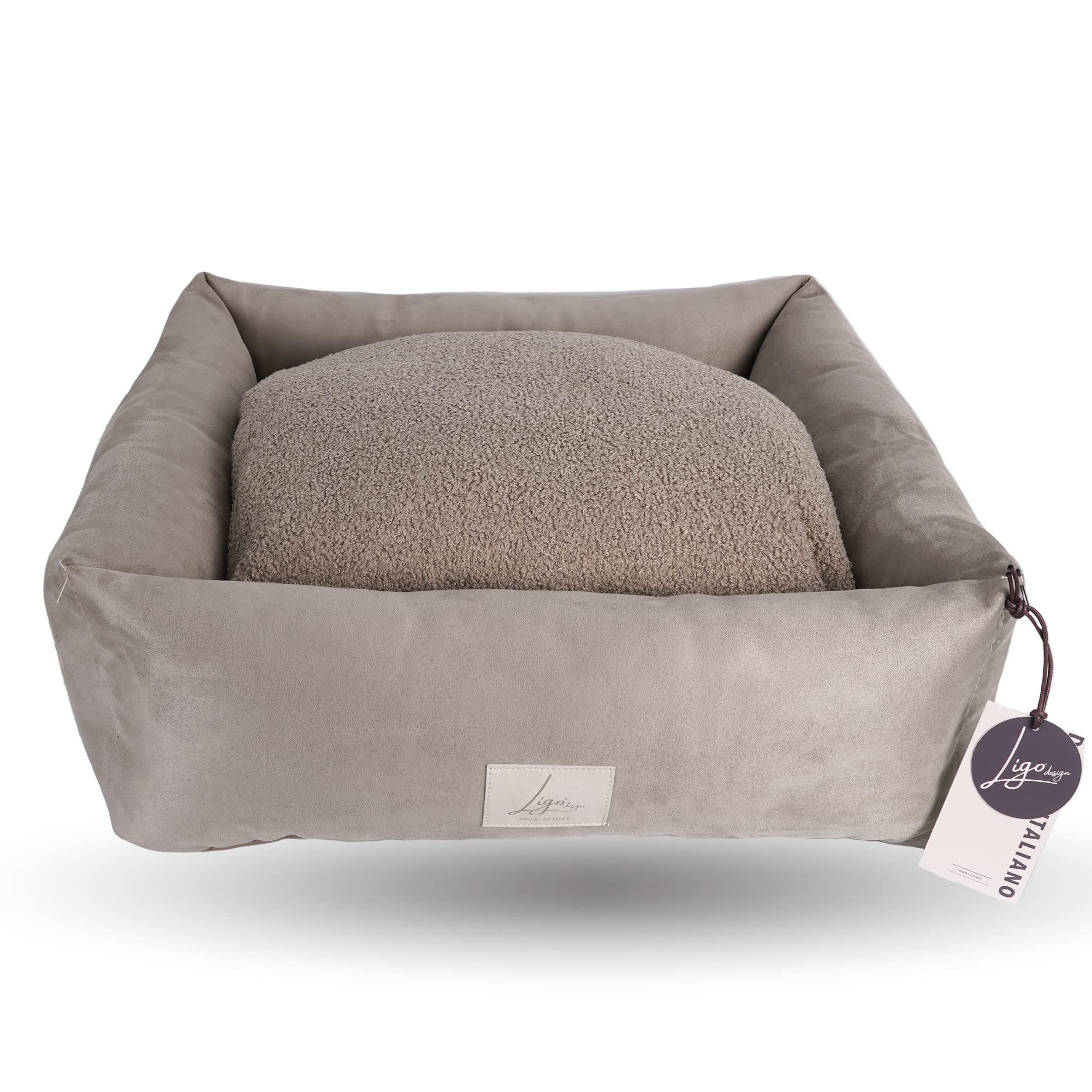 Ligo ISABEL - Cuccia per cani, cuccia per cane artigianale italiana in tessuto vellutato/ricciolino sfoderabile lavabile. Lettino letto materassino cuccetta cuscino mordido per cane. BEIGE CHIARO-S