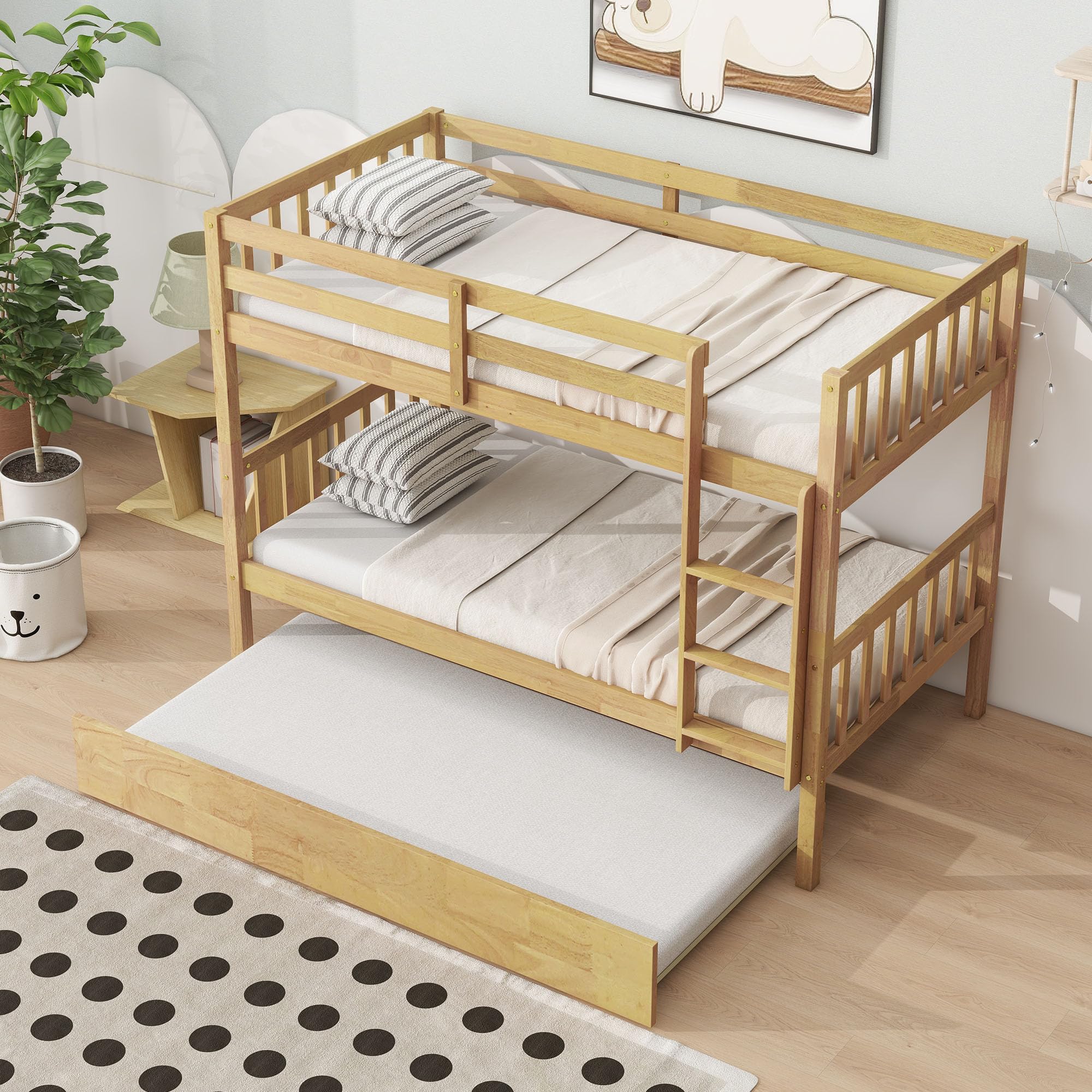 Harper & Bright Designs Convertible Wood Twin-Over-Twin Bunk Bed with Trundle and Ladder - Can Be Divided Into Two Platform Beds, White Oak