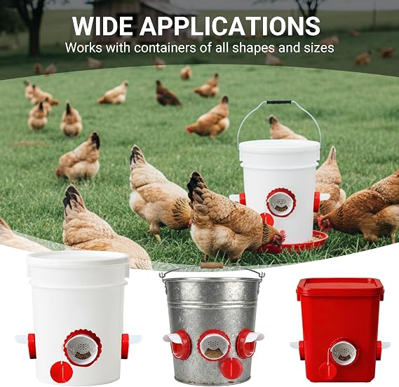 Chicken Feeder Port Kit 4 Pack, Cilkus DIY Automatic Poultry Feeder Cups for Buckets & Bins, No Waste Gravity Feed Chicken Feeder Ports with Covers for Hens, Ducks and Poultry (4-Pack)