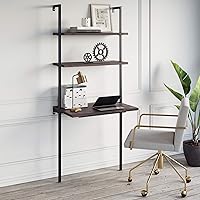 Nathan James Theo 2-Shelf Industrial Wall Mount Ladder Desk - Small Space Computer Writing Table, Nutmeg/Matte Black