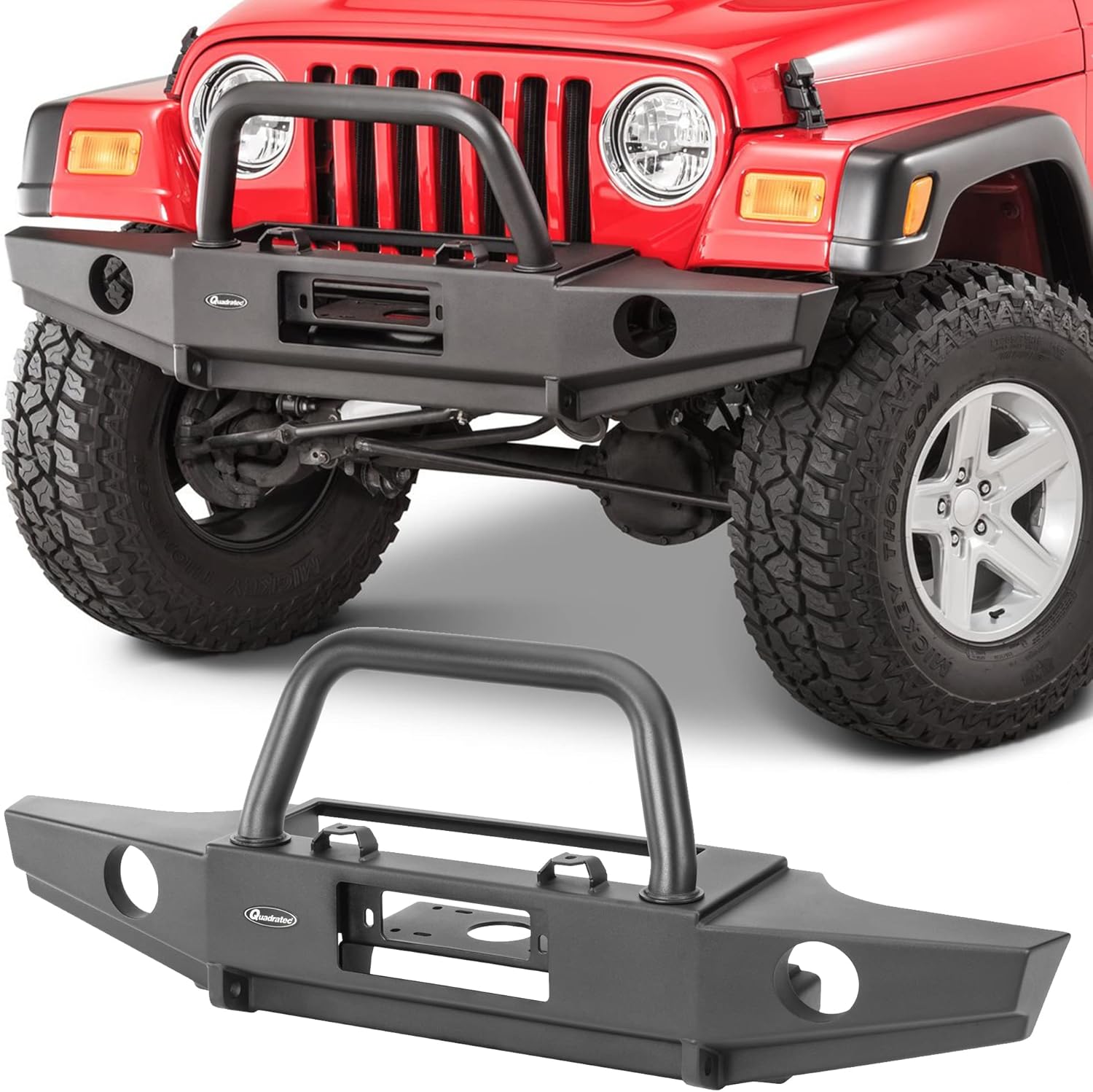 Quadratec Front Bumper with Hoop Bull Bar, With Fog Light Provisions - Fits Jeep Wrangler 1997-2006 TJ and Unlimited - Winch Compatible - Textured Black Powder Coat Finish - Detachable Grille Guard