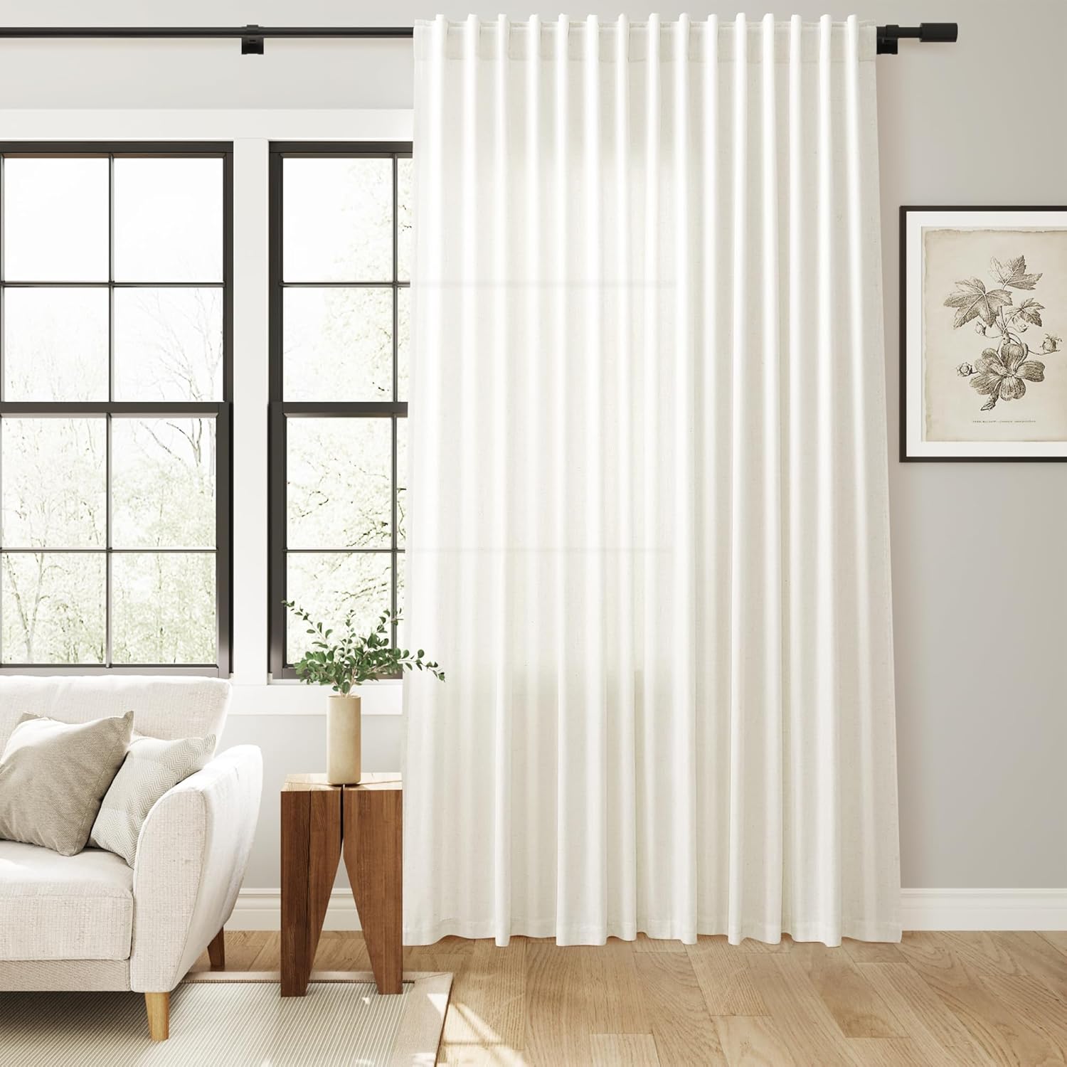 Linen Extra Wide Curtain 100 Inch for Patio Silding Glass Doors 1 Panel Natural Semi Sheer Light Flitering Curtains Back Tab Farmhouse Boho Room Divider Drapes for Living Room Cream W100xL84