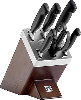 Zwilling Four Star 7pc Knife Block Set. Forged Special Formula stainless steel. Ice-hardened. Ergonomic handle. Set: 4 kitchen knives