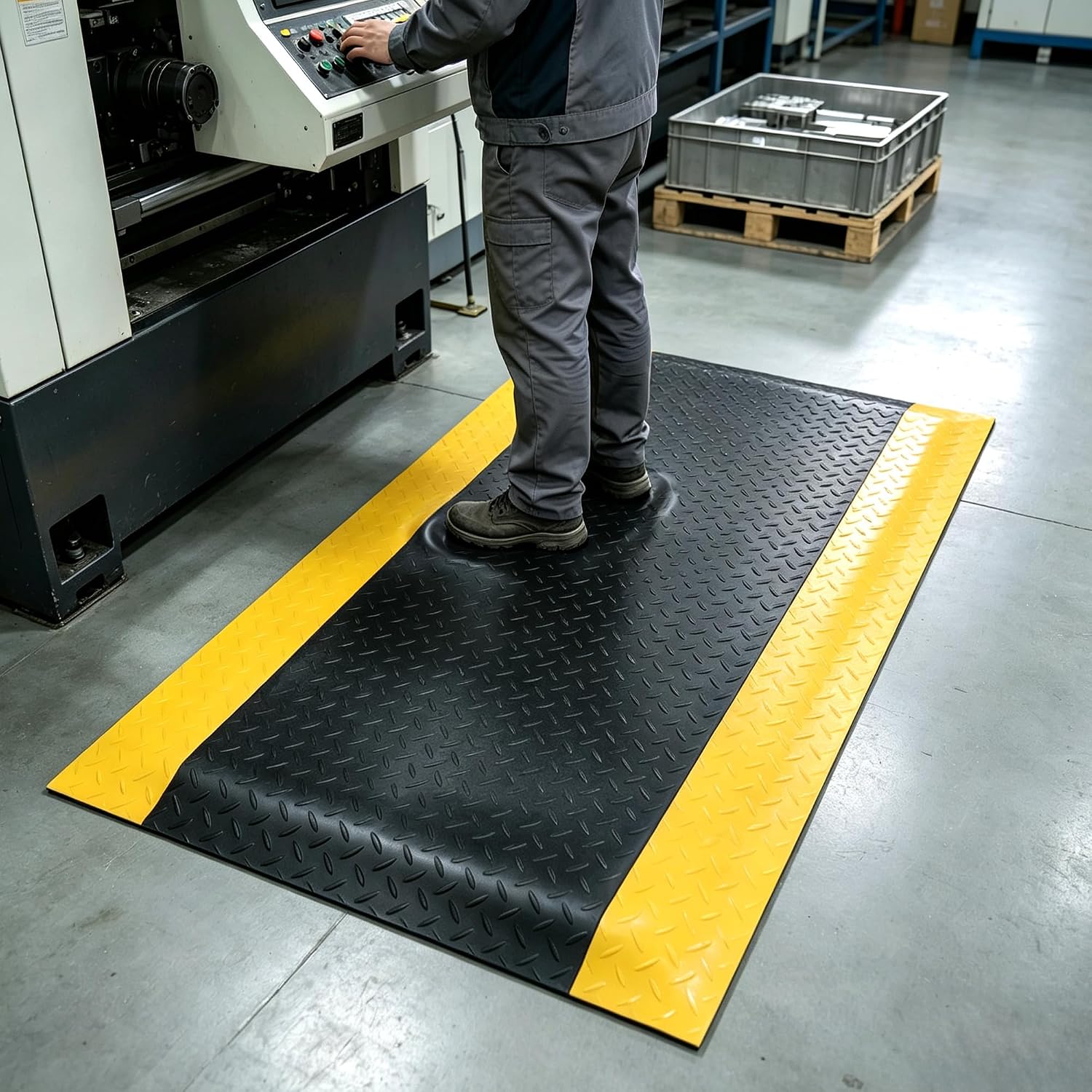 Industrial Anti Fatigue Mat 2’x3′, 15/16″ Thick Ergonomic Standing Floor Mat, Commercial No Slip Diamond Plate Comfort Mat with Yellow Safety Border for Factory,Garage,Workshop,Cashier Station