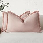 Foindtower Set of 2 Decorative Linen Fringe Throw Pillow Covers Cozy Boho Farmhouse Cushion Cover with Tassels Soft Accent Pillowcase for Couch Chair Sofa Bed Living Room Home Decor,18×18 Inch,Beige