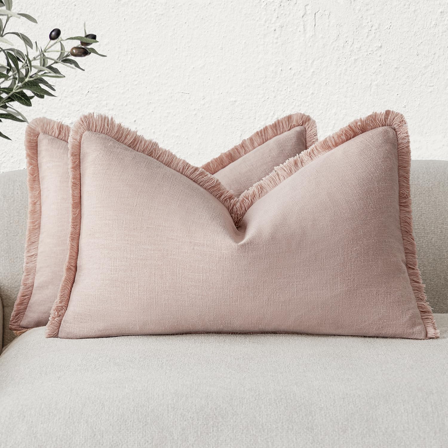 Foindtower Set of 2 Decorative Linen Fringe Lumbar Throw Pillow Covers Boho Farmhouse Cushion Cover with Tassels Soft Accent Pillowcase for Couch Sofa