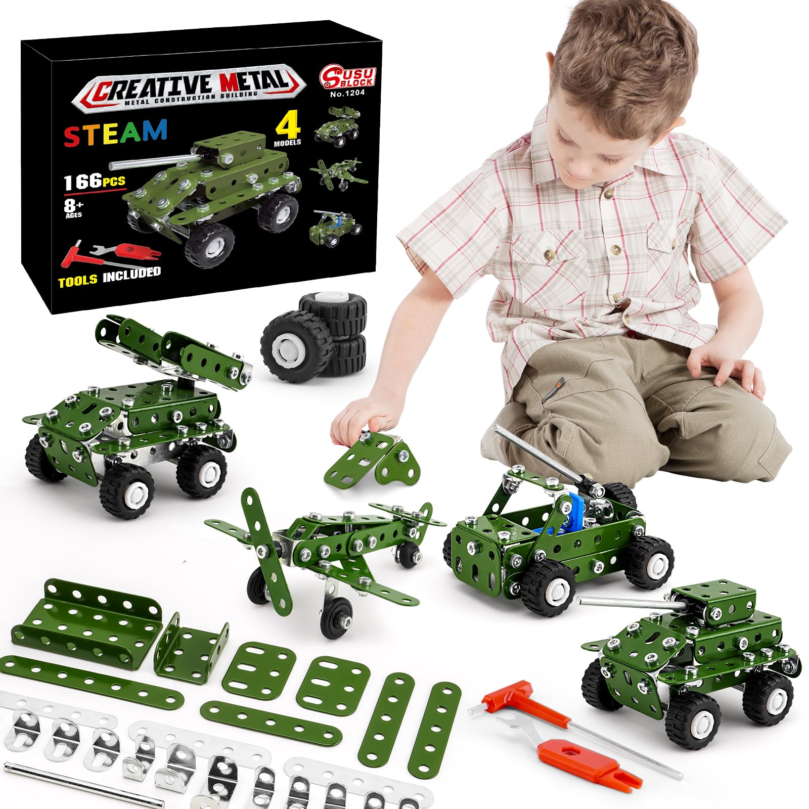 BESTYMXY Model Building Kits, Metal Military Toys Model Kit, 4 in1 Erector Sets for Boys Age 8-12, Military Vehicles & Aircraft STEM Building Toys Metal Model