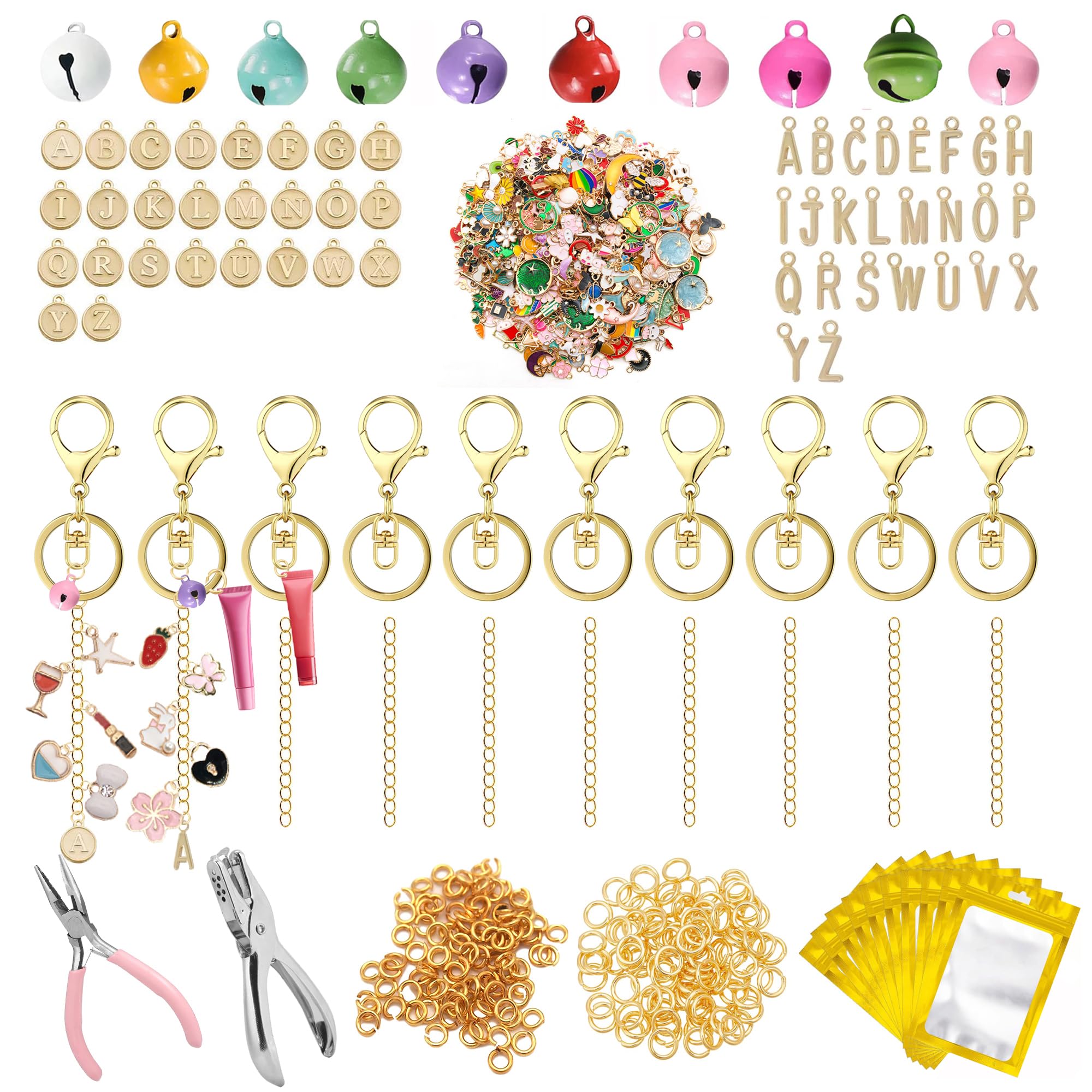 Qrhky 276PCS Lip Gloss Charms Keychain Kit DIY Keychain Making Kit with Pink Enamel Alphabet Charms Chains and