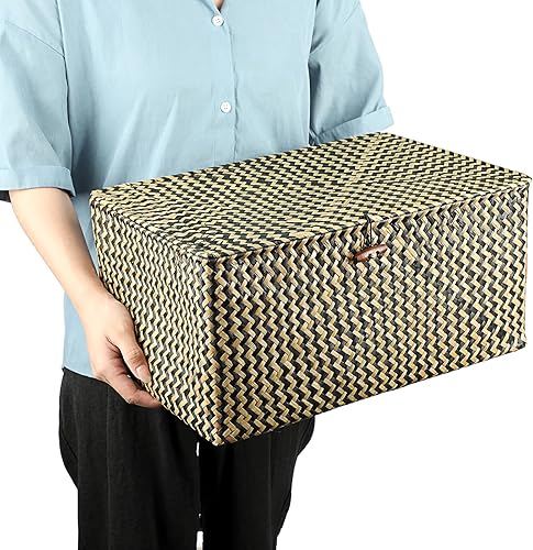 Vista 22 de Hipiwe Cestas de mimbre con tapa, cesta de pastos marinos tejida a mano, cestas rectangulares para el hogar, cajas para estantes, armario, Café