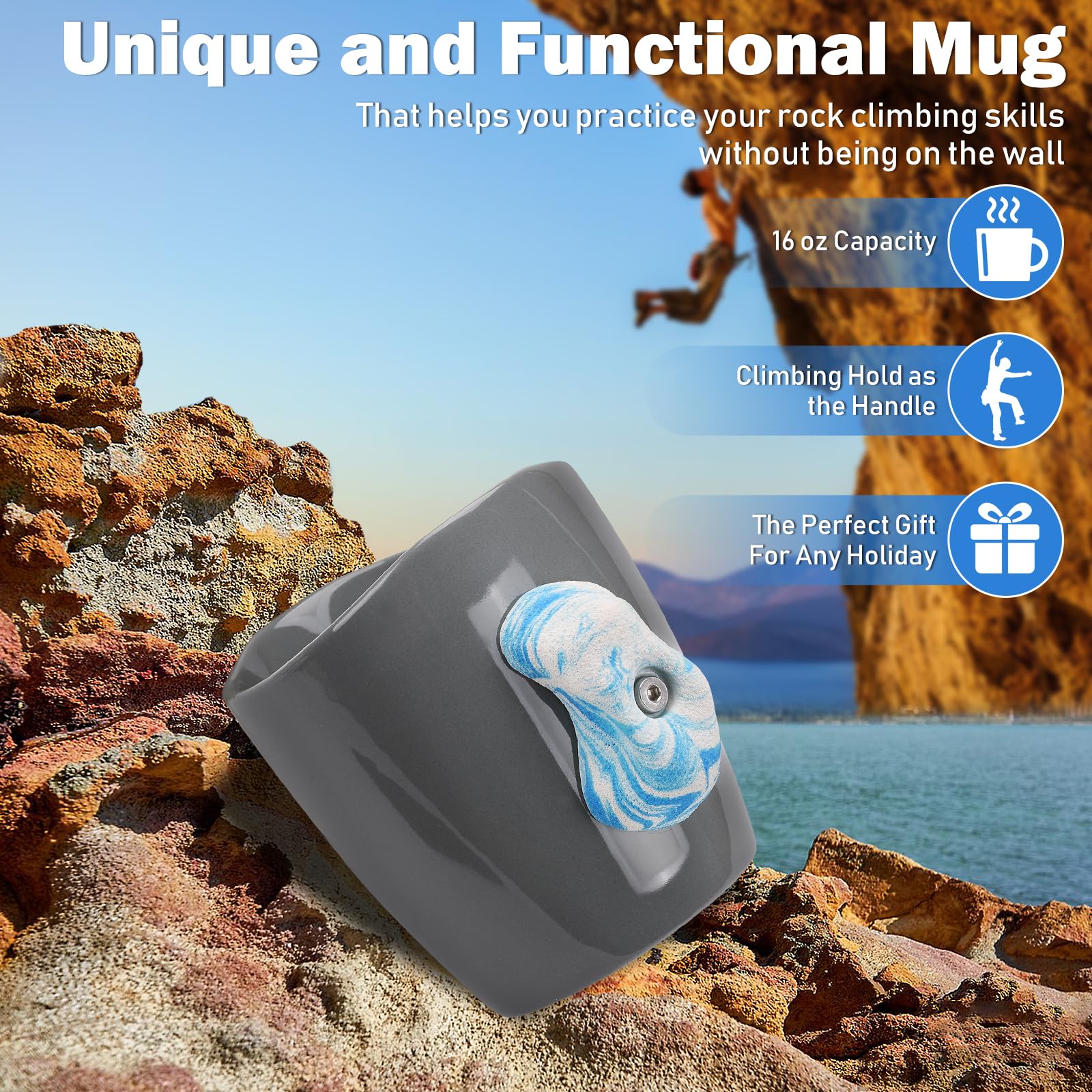 Rock Climbing Mug, Keramikbecher mit Klettertrainingsgriffen, Kletterhaltebecher mit sehr realistischen Klettergriffen, Blau-Weißer Griff, M1-BW