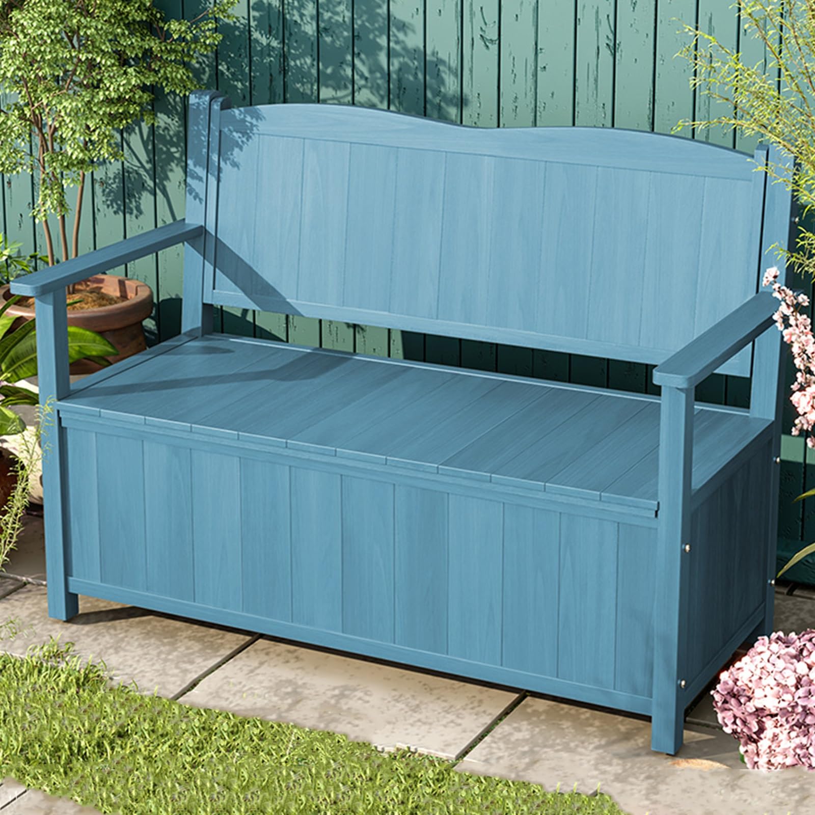 Outdoor Gartenbank mit Stauraum, wetterfeste Sitzbank mit Rückenlehne und Armlehnen für Decks Veranden und Balkon (Blau) Garten