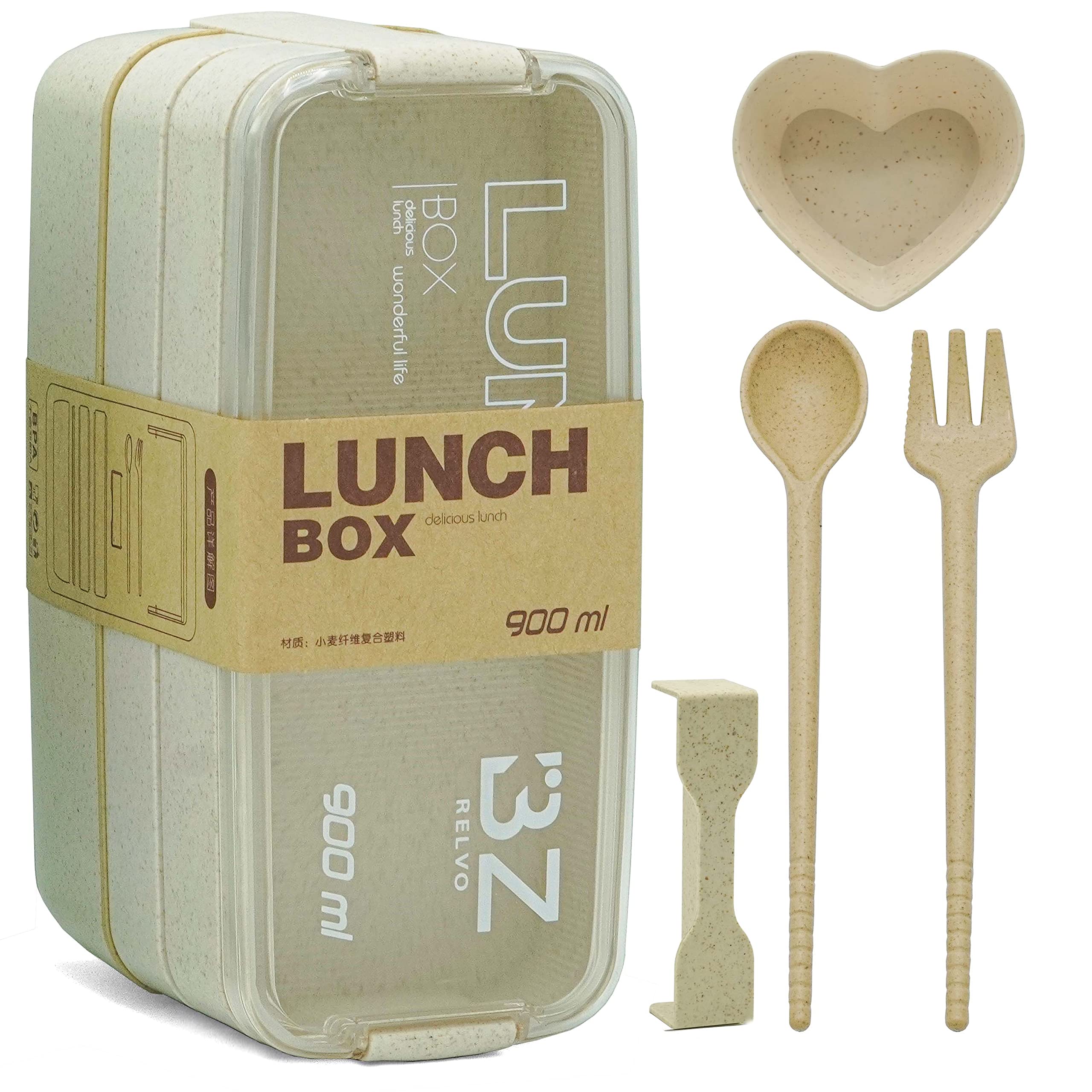 BZ RELVO Bento Box with 3 Compartment, Packed Lunch Box is Safe for Microwave and Dishwasher, Stackable Lunch Box with compartments Includes Spoon, Fork and Sauce Try (Beige)