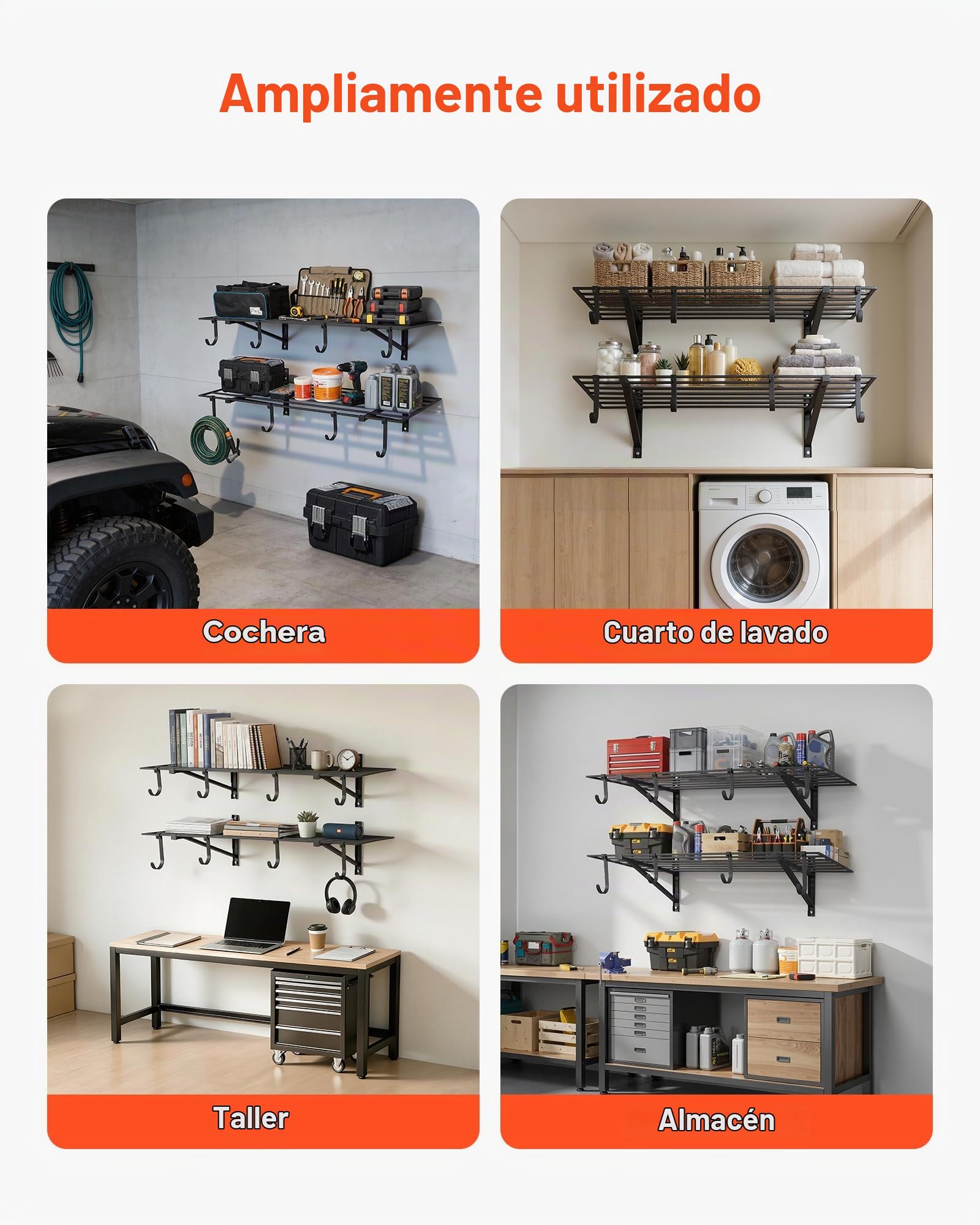 VEVOR Estantería de Pared de Acero Resistente 610x1219 mm Carga 118kg por Estante 235kg en Total, Distancia Ajustable, Juego de 2 Estanterías Flotantes con Ganchos para Cocina Lavandería Garaje Taller