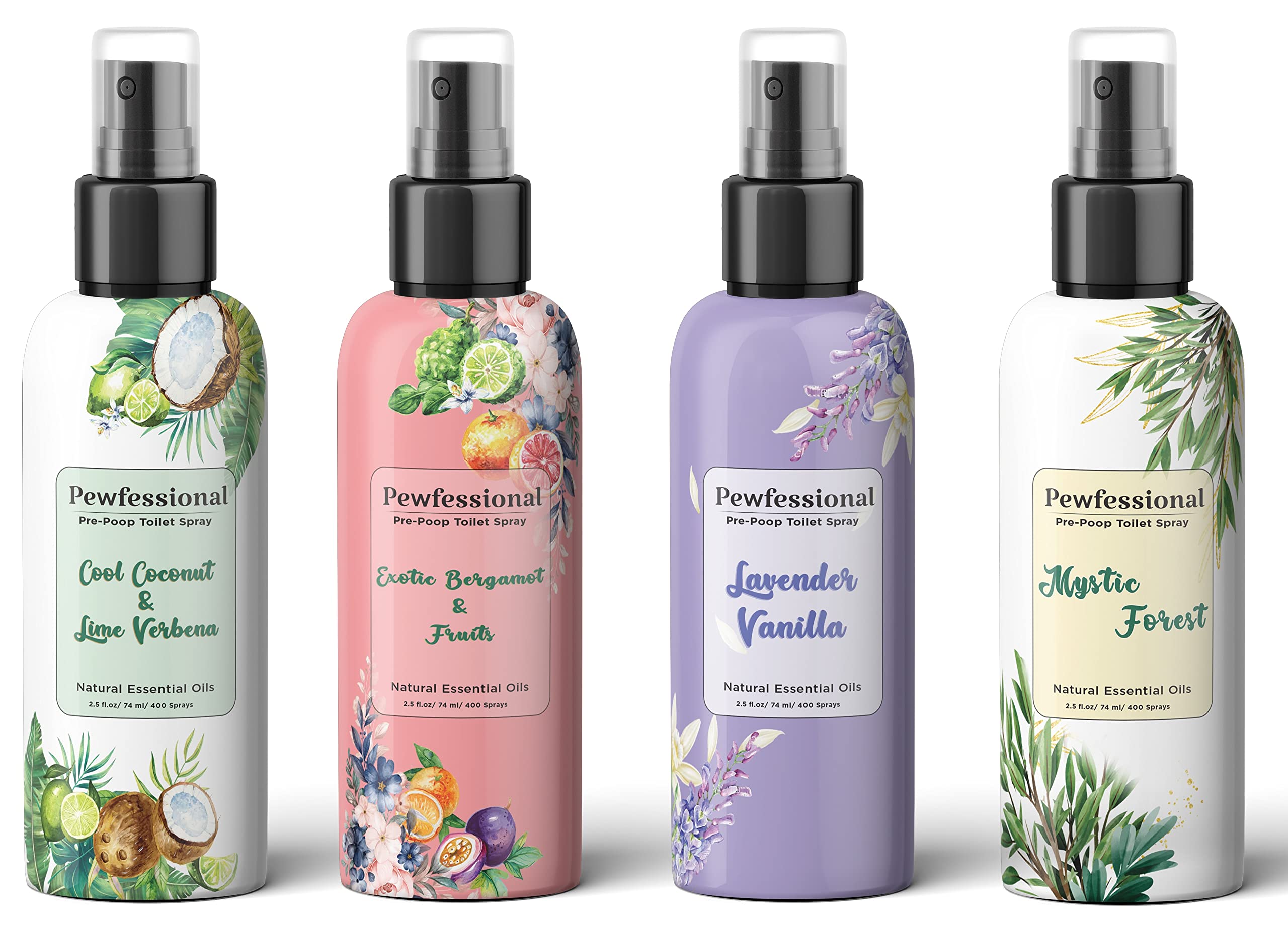 Pewfessional Toilet Spray Pre Poop Before You Go, Toilet Odor eliminator, 2.5 Ounce Travel size bottles 4 Pack set and 1 Gift Bottle