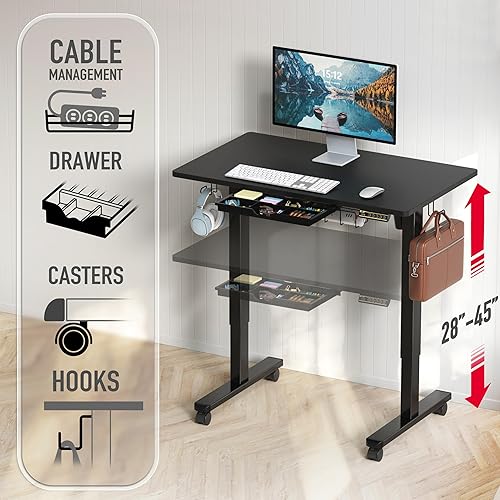Miniatura 44 de SHW Escritorio eléctrico móvil de 40 pulgadas de altura ajustable para sentarse a estar de pie con cajón, ganchos para colgar y organizar cables,