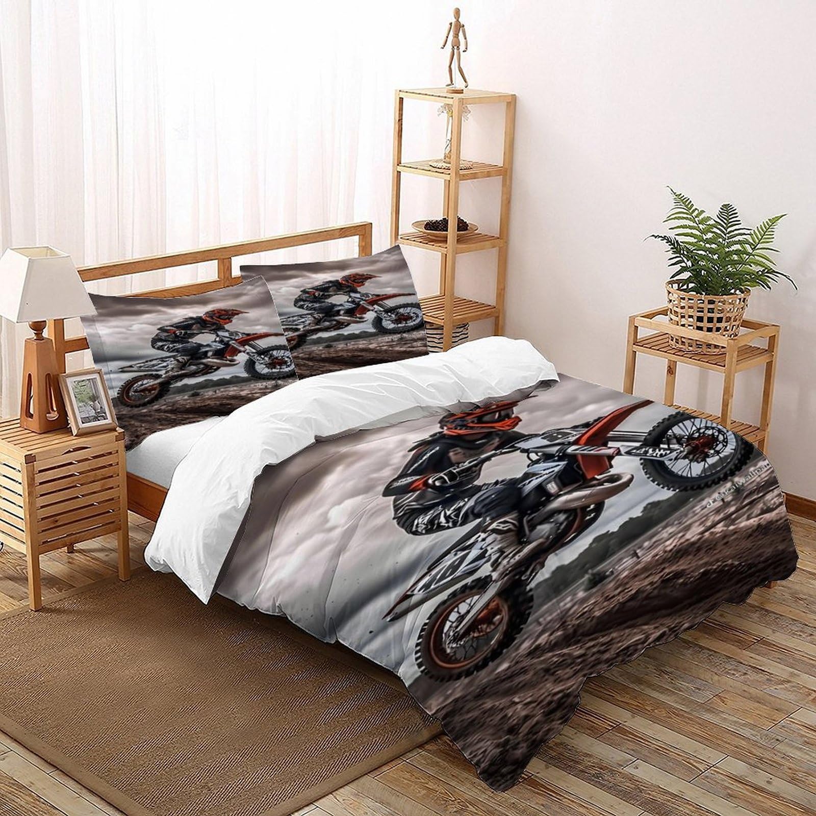 Housse de couette motocross 3D 200x200 cm avec 2 taies d'oreiller pour lit double