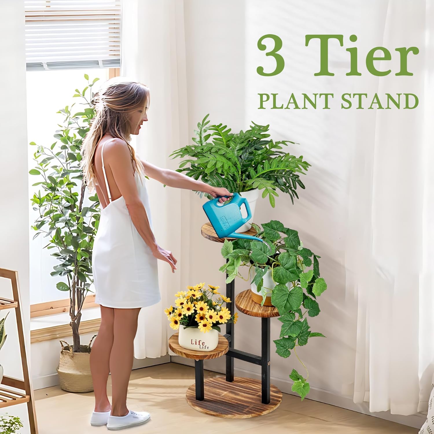 VECELO 3 Tier Plant Stand Indoor Outdoor, Tall Metal Wood Flower Shelf for Multiple Plants, Small Tiered Round Corner Display Rack, Planter Pot Holder for Patio Garden Balcony Living Room Bedroom