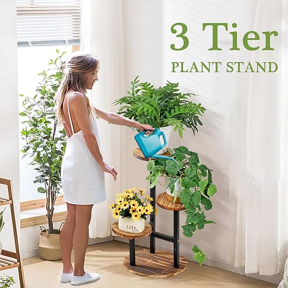 VECELO 4 Tier Plant Stand Indoor Outdoor, Tall Metal Wood Flower Shelf for Multiple Plants, Small Tiered Round Corner Display Rack, Planter Pot Holder for Patio Garden Balcony Living Room Bedroom