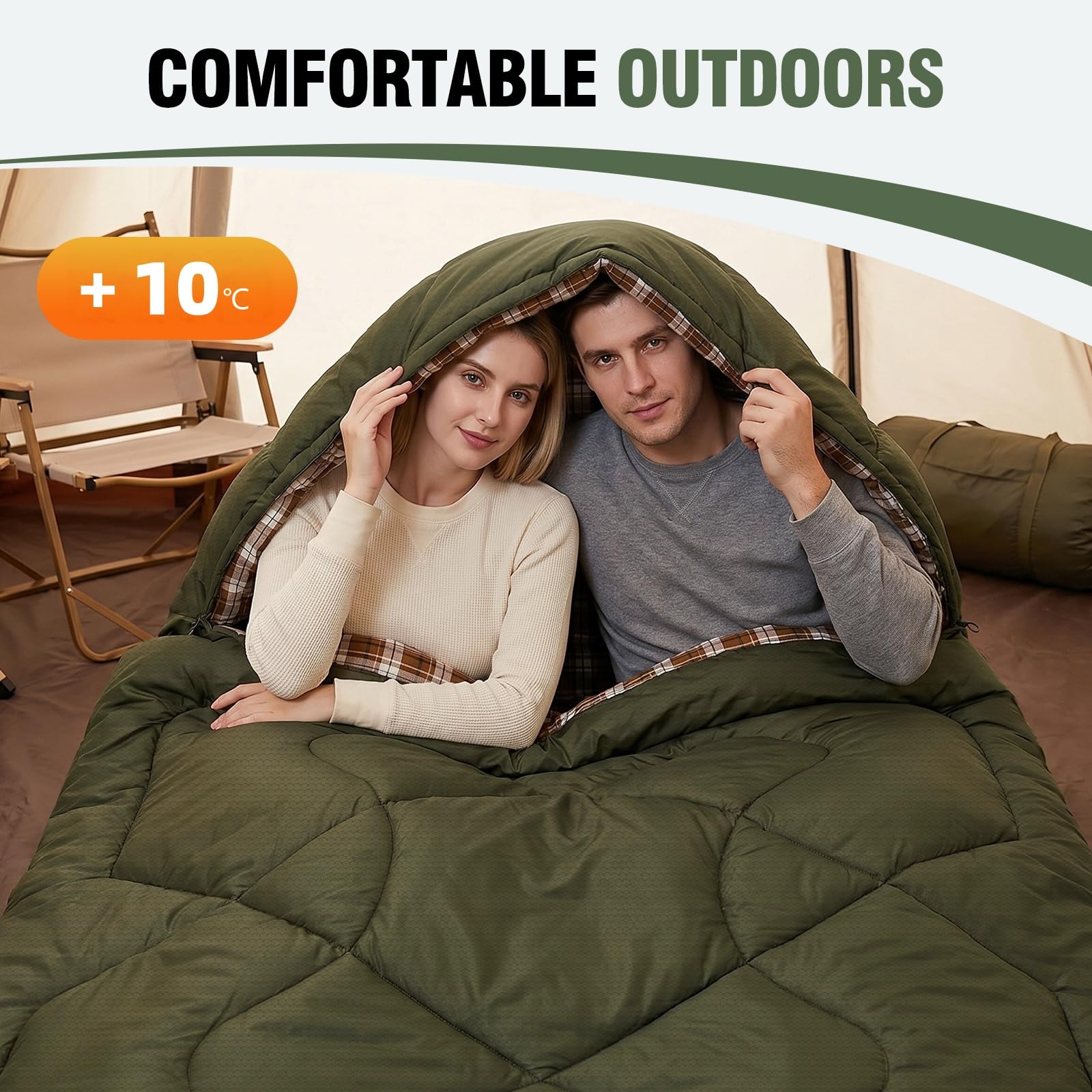 Saco de Dormir Doble Franela para Adultos, 230 x 160 cm | 4 Estaciones, para 2 Personas, impermeable, Cuatro Cremalleras Dobles, Ideal para, camping, caza y viajes en coche, 4.0 kg