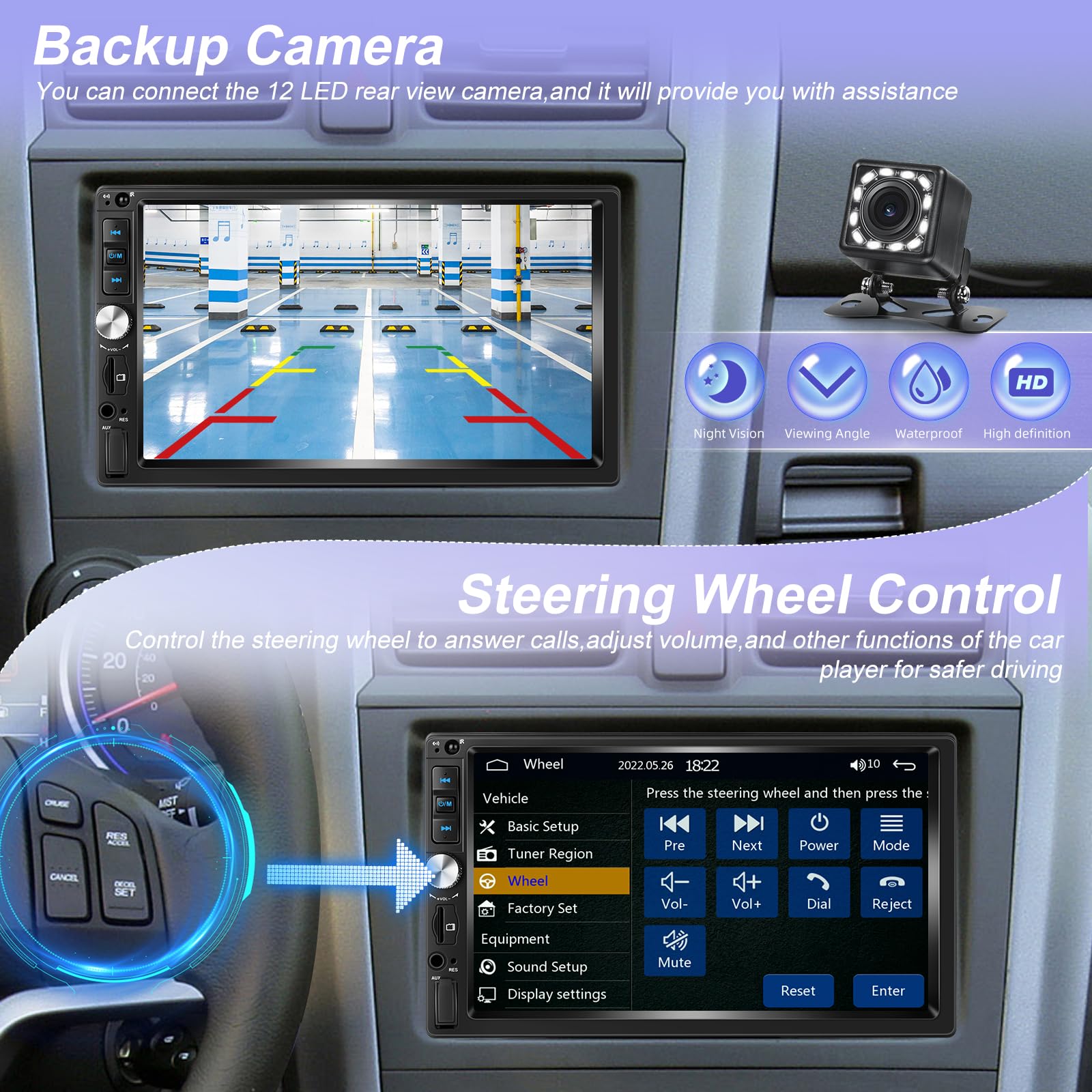Autoradio 2 Din con Wired Carplay e Android Auto - Radio Touchscreen da 7 Pollici con EQ, Mirror Link, Bluetooth, Radio FM, SWC, Ingresso USB/AUX/SD + Telecamera di Backup