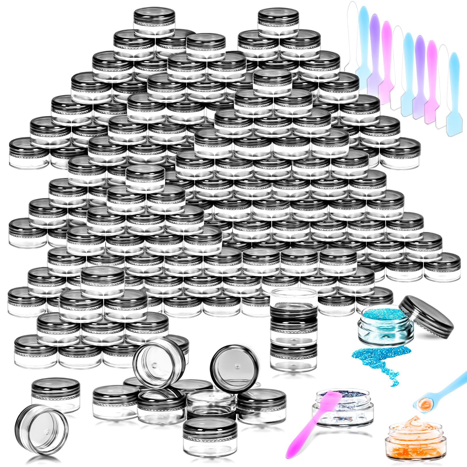 MotBach 100 Pcs 5g Empty Plastic Containers with Black Lids,Mini Makeup Sample Containers, Small Sample Pot Jars Round Cosmetic Jars with Mini Spatulas for Liquid Sample Powder Creams Lotions